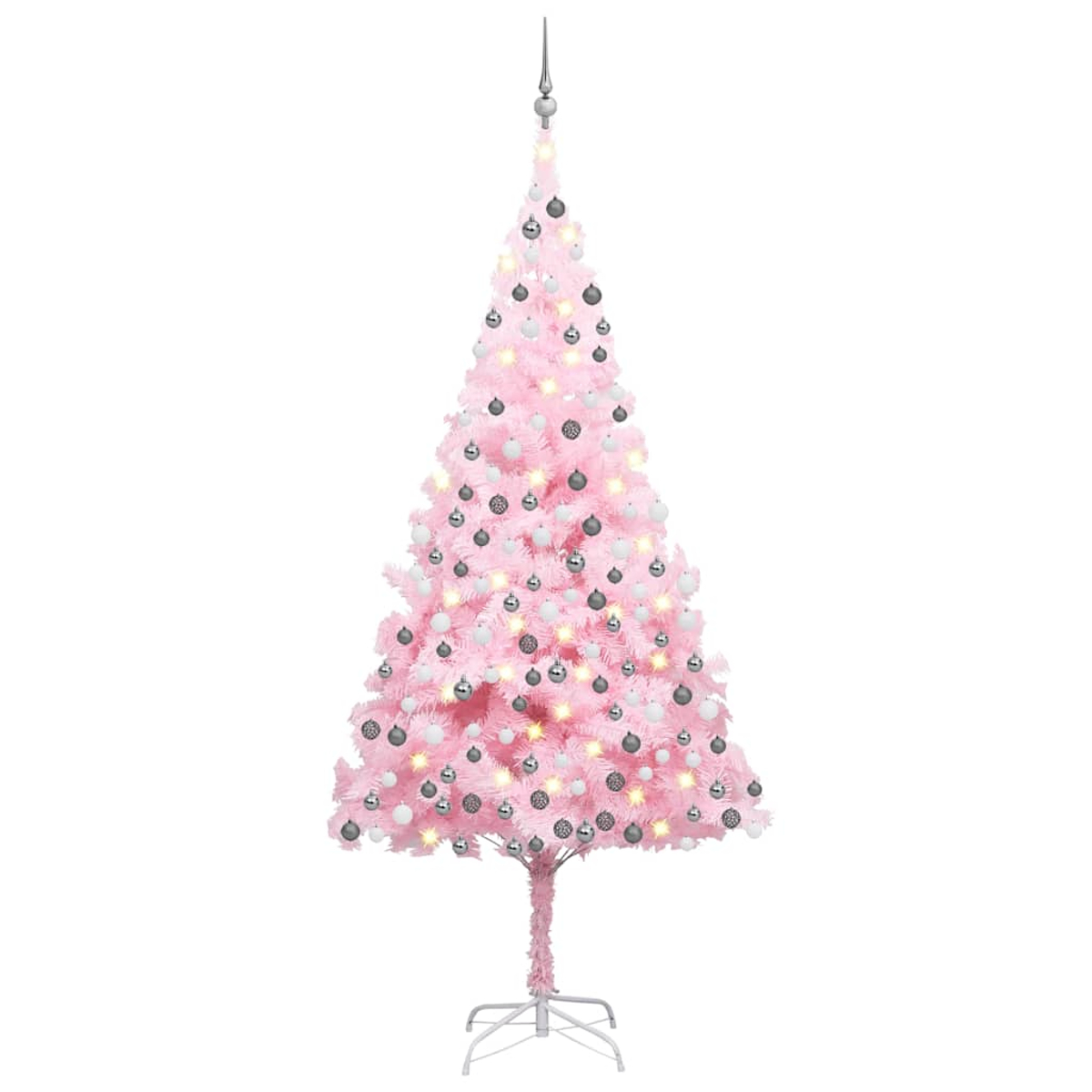 Ein rosa Weihnachtsbaum, geschmückt mit silbernen und weißen Ornamenten und Lichtern. Er hat eine silberne Spitze und einen weißen Ständer.