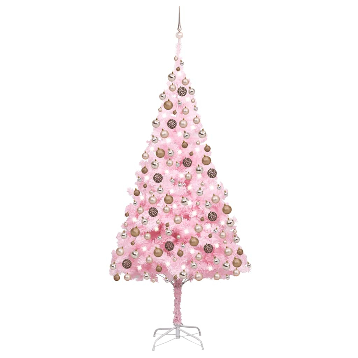 Ein rosa Weihnachtsbaum mit Verzierungen und Lichtern auf einem weißen Ständer. Die Ornamente sind gold- und silberfarben. Der Hintergrund ist weiß.