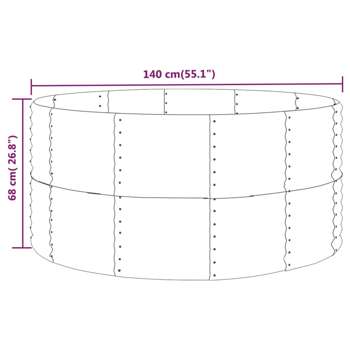 Ein Diagramm eines zylindrischen Objekts. Es ist 140 cm breit und 68 cm hoch. Das Objekt ist in Abschnitte mit Nieten unterteilt.
