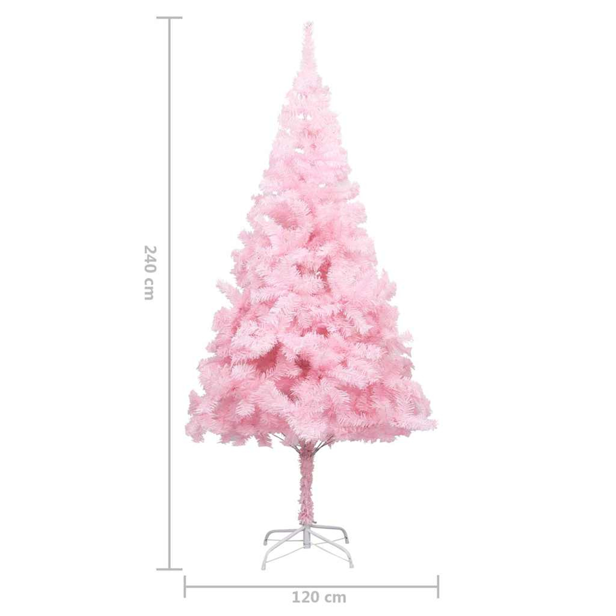 Ein rosa Weihnachtsbaum auf weißem Hintergrund. Er ist 240 cm hoch und 120 cm breit und hat einen Metallständer.