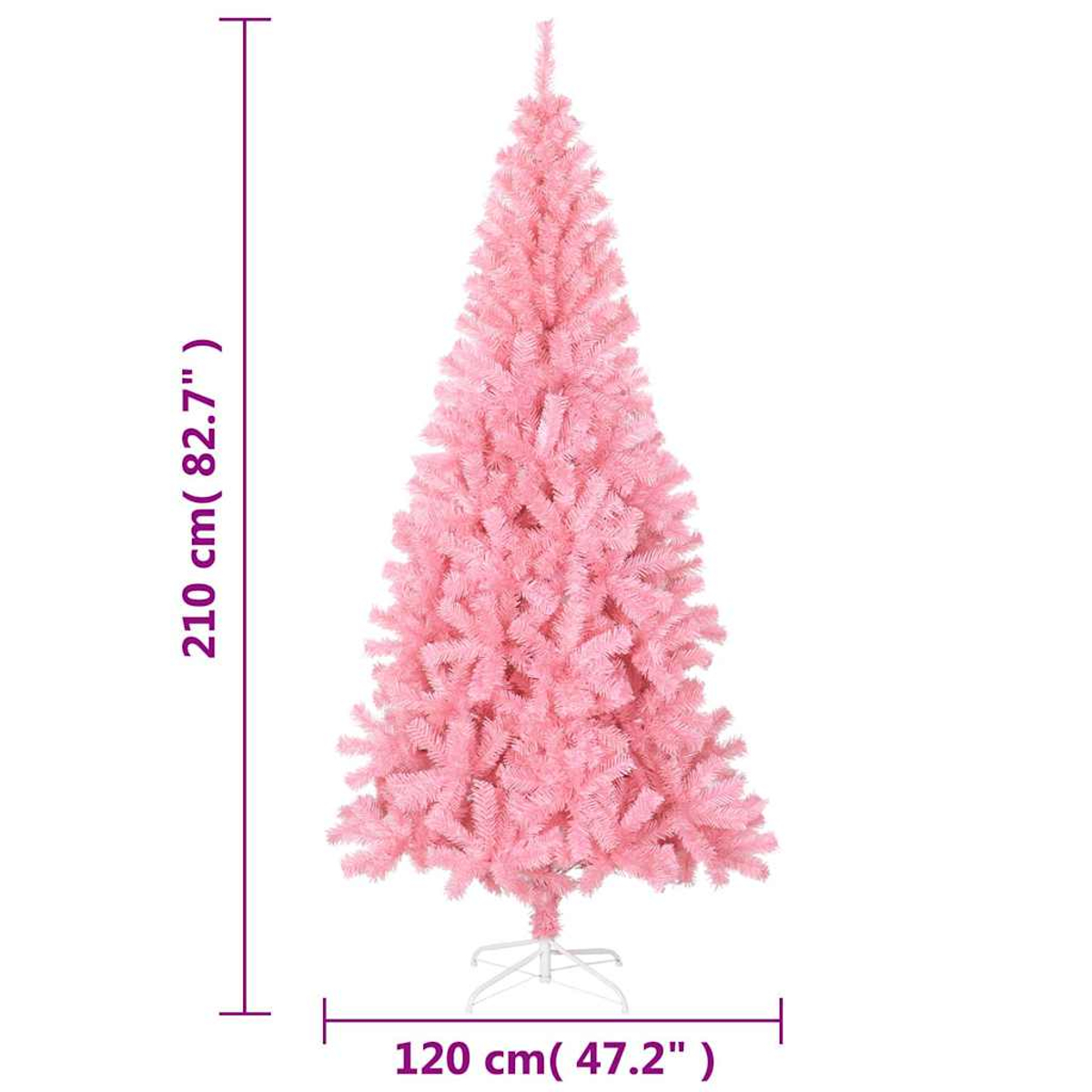 Ein rosa künstlicher Weihnachtsbaum auf weißem Hintergrund. Abmessungen: 210 cm (82,7") hoch und 120 cm (47,2") breit.