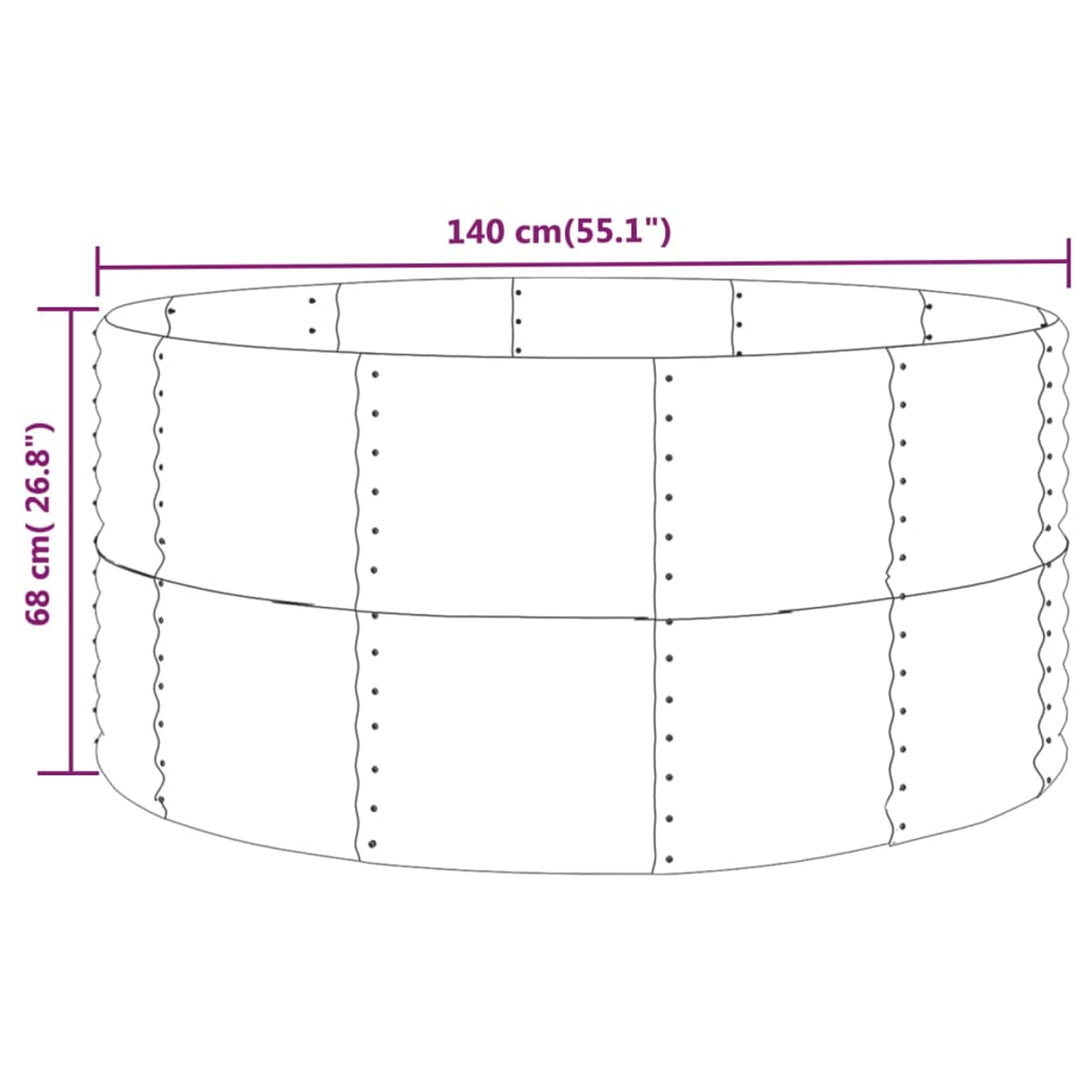 Diagramm eines zylindrischen Objekts. Es ist 140 cm breit und 68 cm hoch. Beschriftet mit Abmessungen in cm und Zoll.