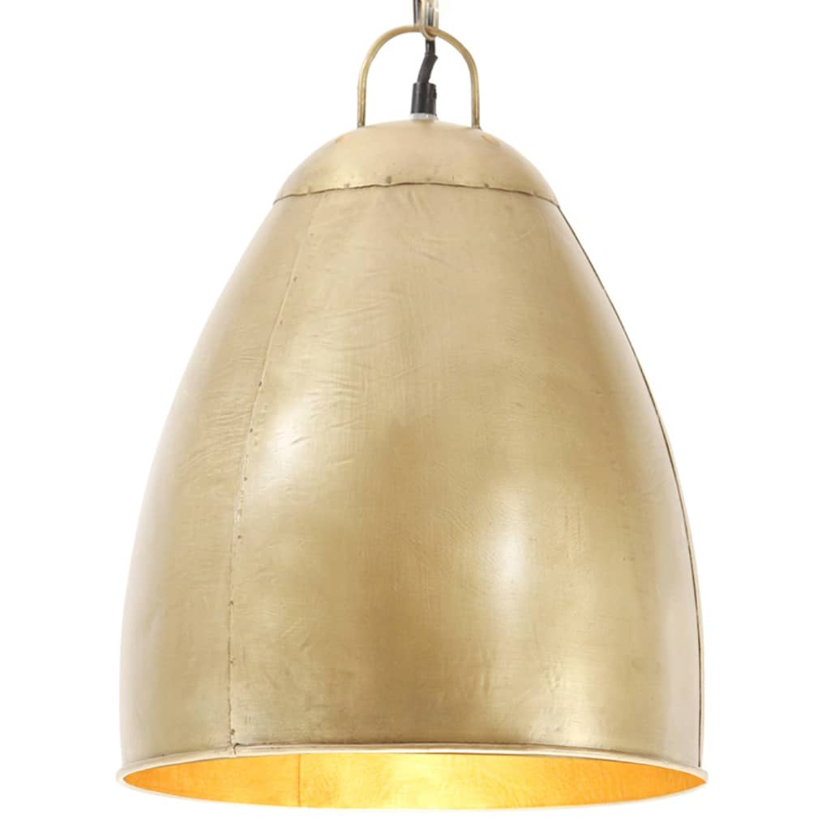 Eine goldfarbene, glockenförmige Pendelleuchte hängt von der Decke. Sie hat eine gewölbte Oberseite und einen breiten Sockel, der ein warmes Licht ausstrahlt.