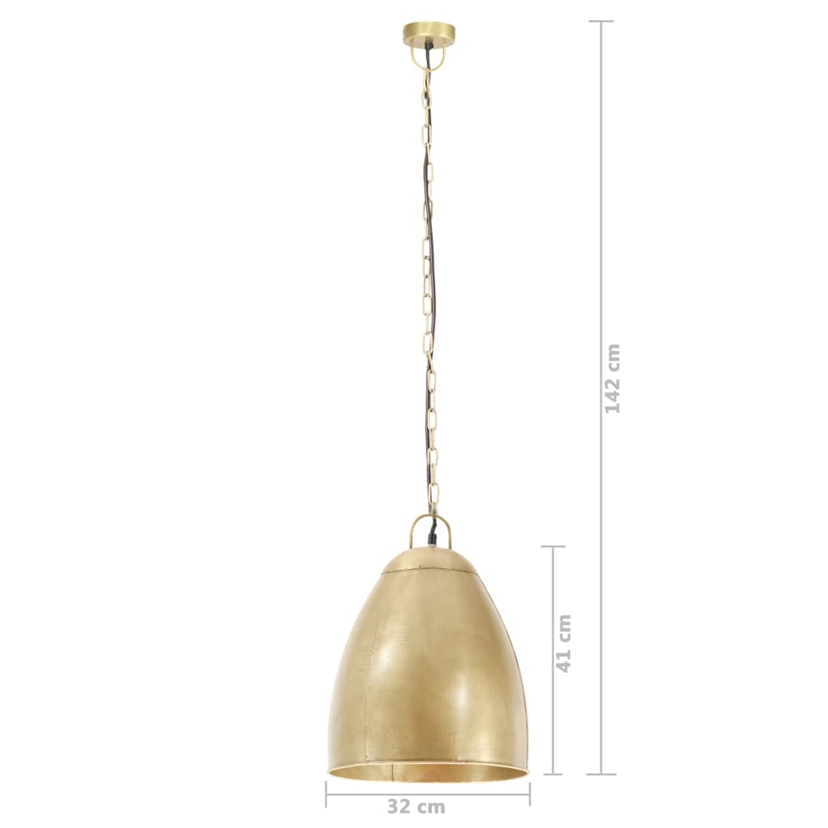 Eine goldfarbene Pendelleuchte mit glockenförmigem Schirm hängt an einer Kette. Abmessungen: 142 cm, 41 cm und 32 cm.