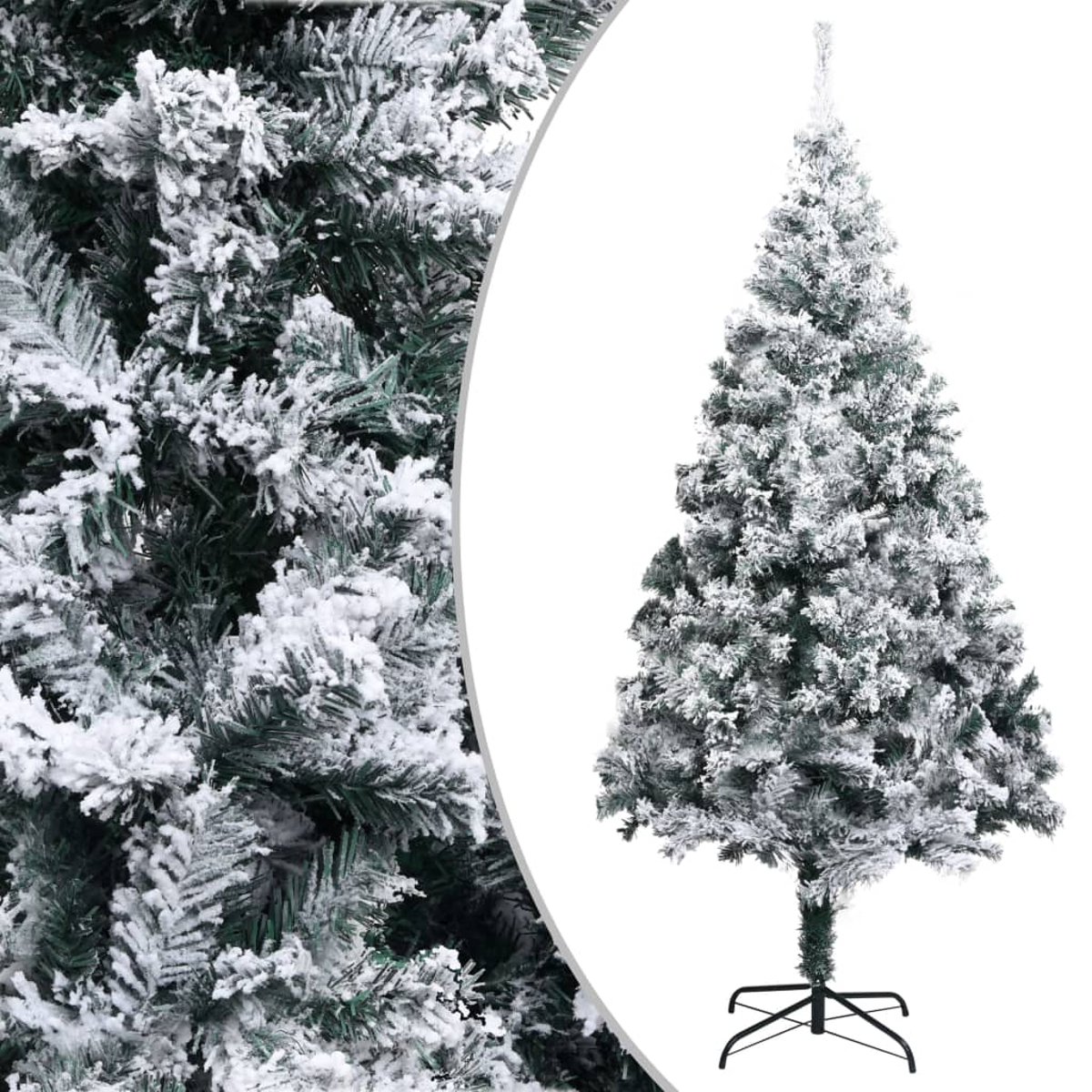 Ein künstlicher Weihnachtsbaum, der mit Schnee bedeckt ist. Der Baum ist grün mit weißem Schnee. Er hat einen schwarzen Ständer.