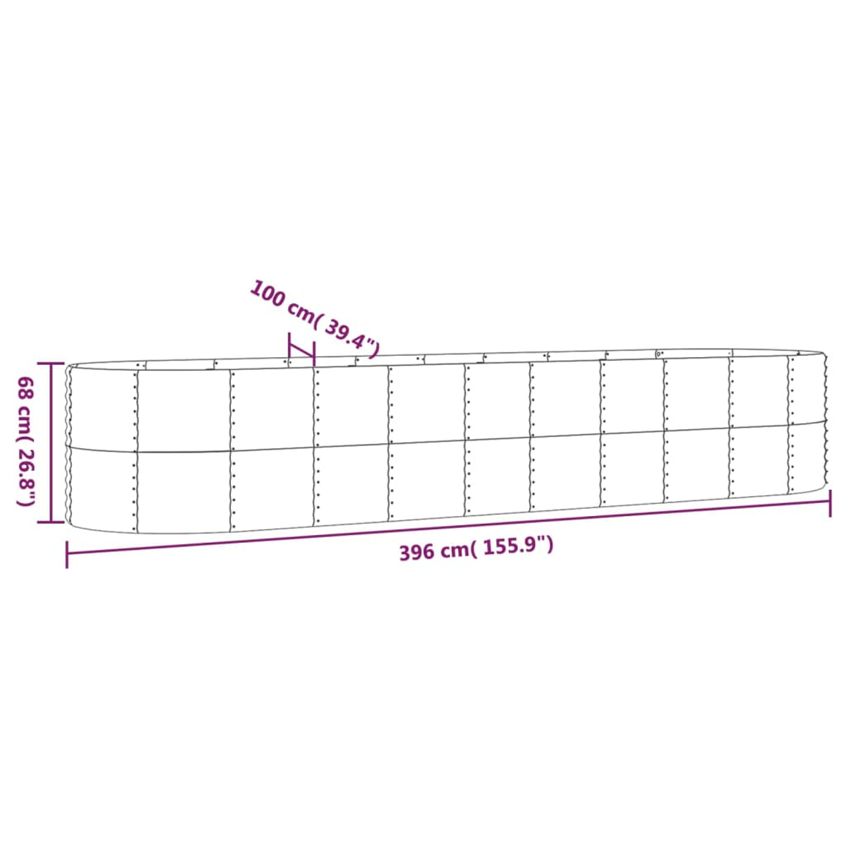 Diagramm einer ovalen Struktur mit Bemaßungen. Es ist 396 cm lang, 100 cm breit und 68 cm hoch, mit Angaben in Zoll.