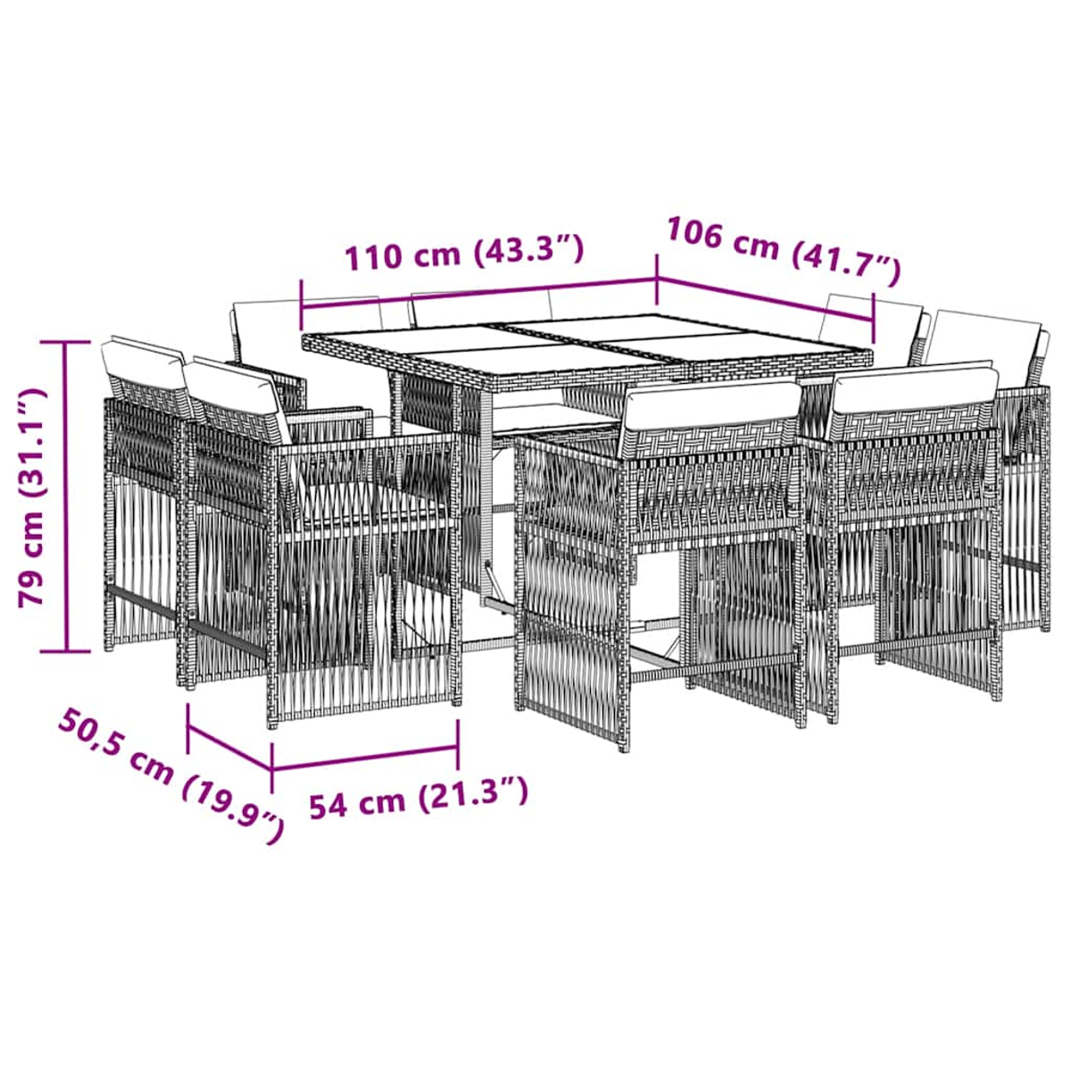Un set da pranzo da esterno in rattan con tavolo quadrato e sedie. Le dimensioni sono indicate. Il set comprende tavolo e sedie con cuscini.