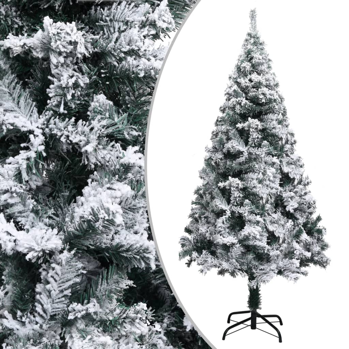 Ein schneebedeckter künstlicher Weihnachtsbaum steht vor einem weißen Hintergrund. Der Baum ist grün mit weißem Schnee. Die Basis ist schwarz.