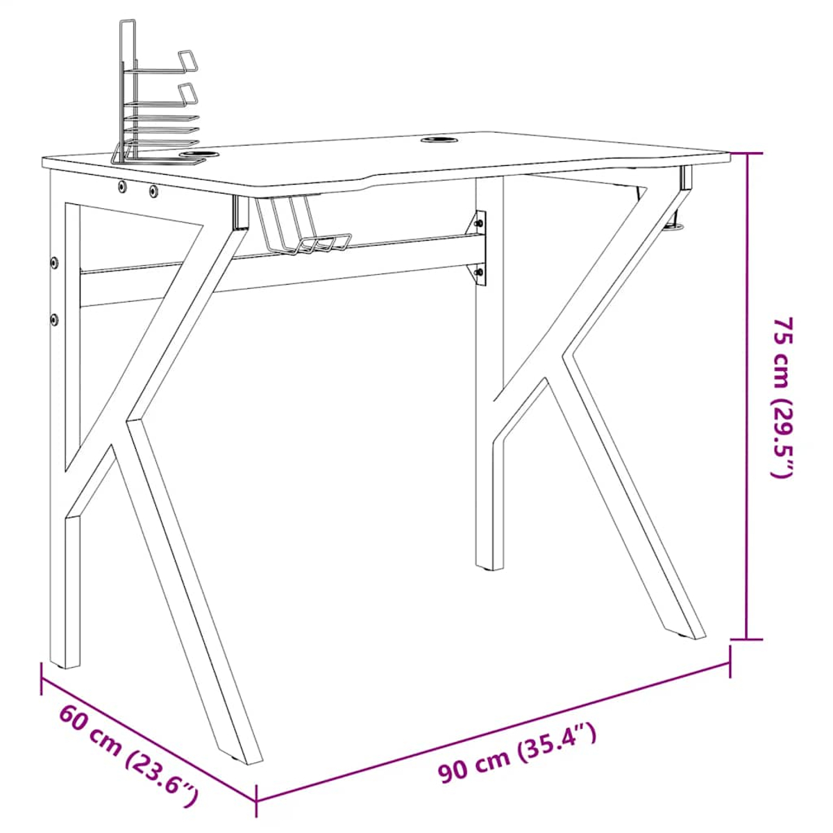Ein weißer Schreibtisch mit beschrifteten Abmessungen. Er hat ein Gestell zur Aufbewahrung von Gegenständen. Der Schreibtisch ist 90 cm lang, 60 cm breit und 75 cm hoch.