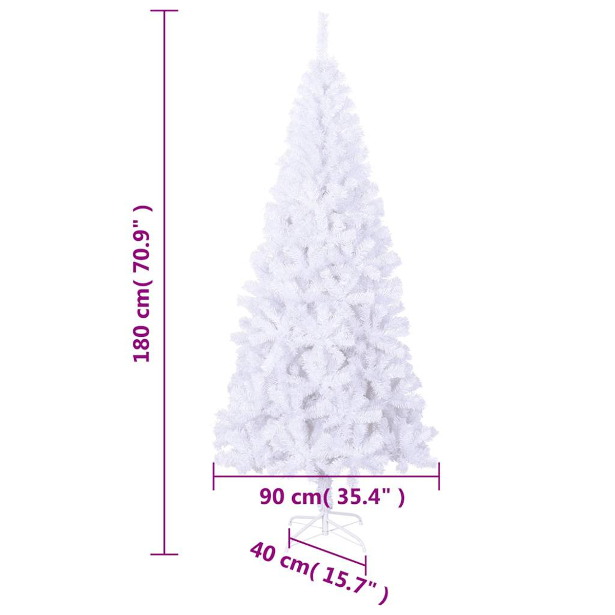 Ein weißer künstlicher Weihnachtsbaum auf weißem Hintergrund. Maße sind angegeben: 180 cm hoch, 90 cm breit und ein 40 cm Sockel.