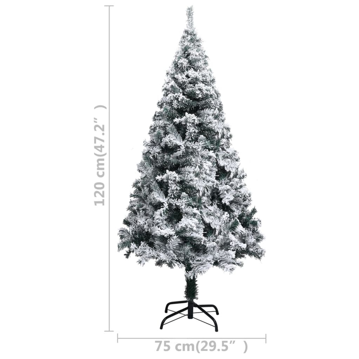 Ein schneebedeckter Weihnachtsbaum, 120 cm hoch, mit 75 cm Basis, auf weißem Hintergrund.