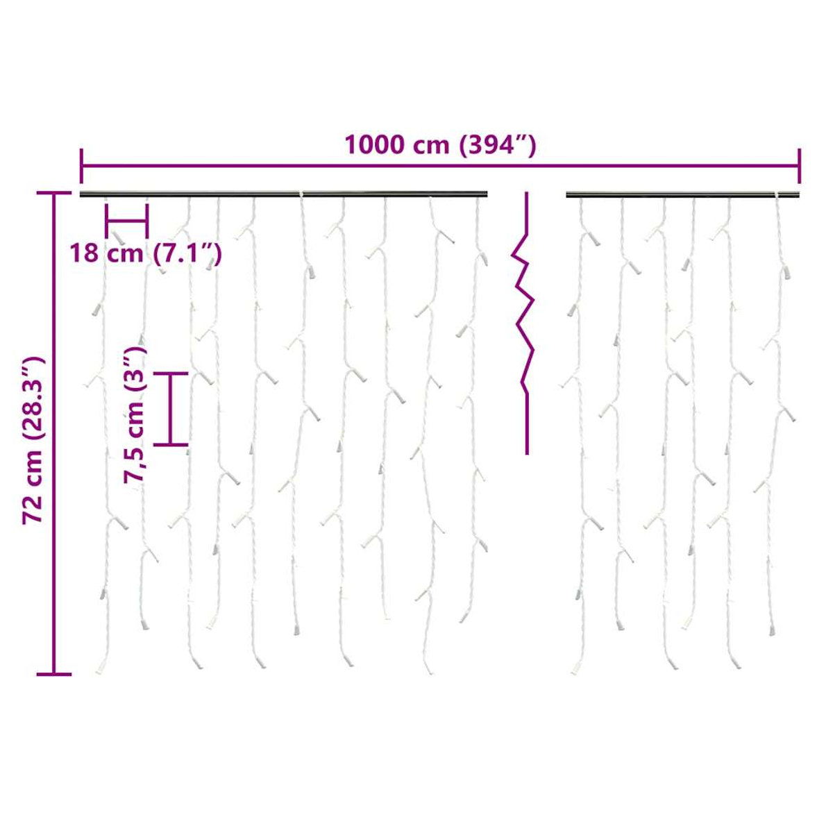 Diagramm einer Reihe weißer Hängelampen mit Maßen. Die Gesamtlänge beträgt 1000 cm, der Fall 72 cm.
