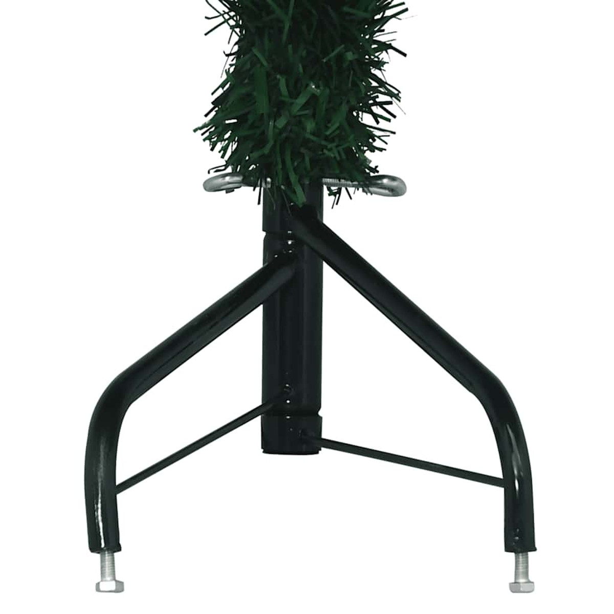 Ein schwarzer Weihnachtsbaumständer aus Metall mit grünen Kunstnadeln oben und einem weißen Hintergrund.