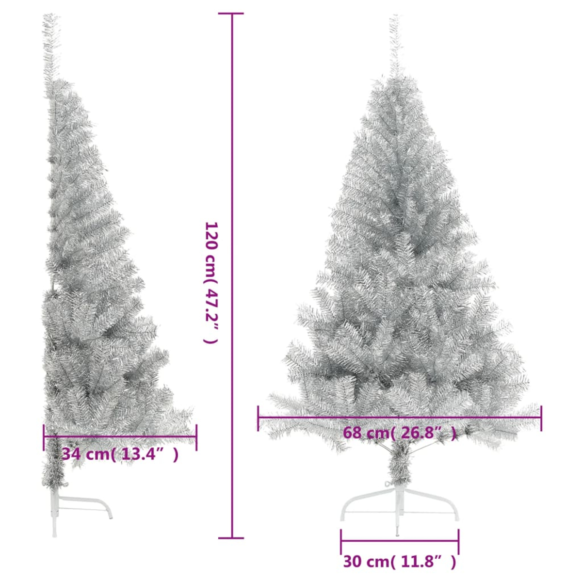 Zwei silberne künstliche Weihnachtsbäume. Die Abmessungen sind in cm und Zoll angegeben. Ein Baum ist 120 cm hoch, der andere 68 cm breit.