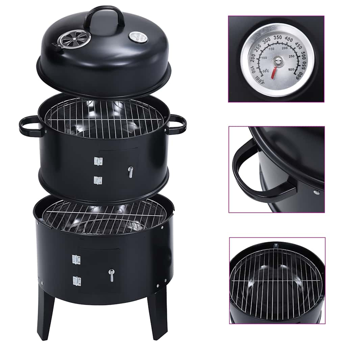Ein schwarzer Smoker-Grill mit Deckel, drei Abschnitten und einem Temperaturmesser, bereit für das Kochen im Freien.