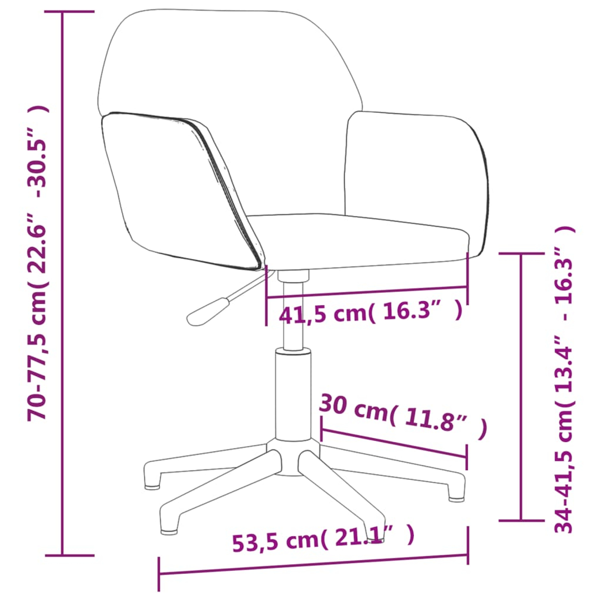 Diagramm eines Bürostuhls mit Abmessungen. Die Maße umfassen Höhe, Breite und Tiefe in Zentimetern und Zoll.