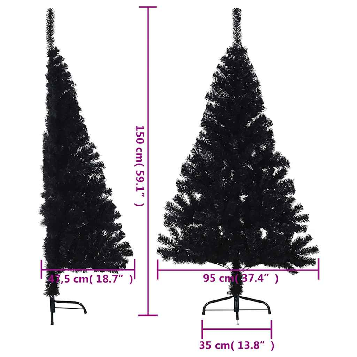 Zwei schwarze künstliche Weihnachtsbäume, einer teilweise montiert mit Maßangaben. Abmessungen in cm und Zoll sind angegeben.