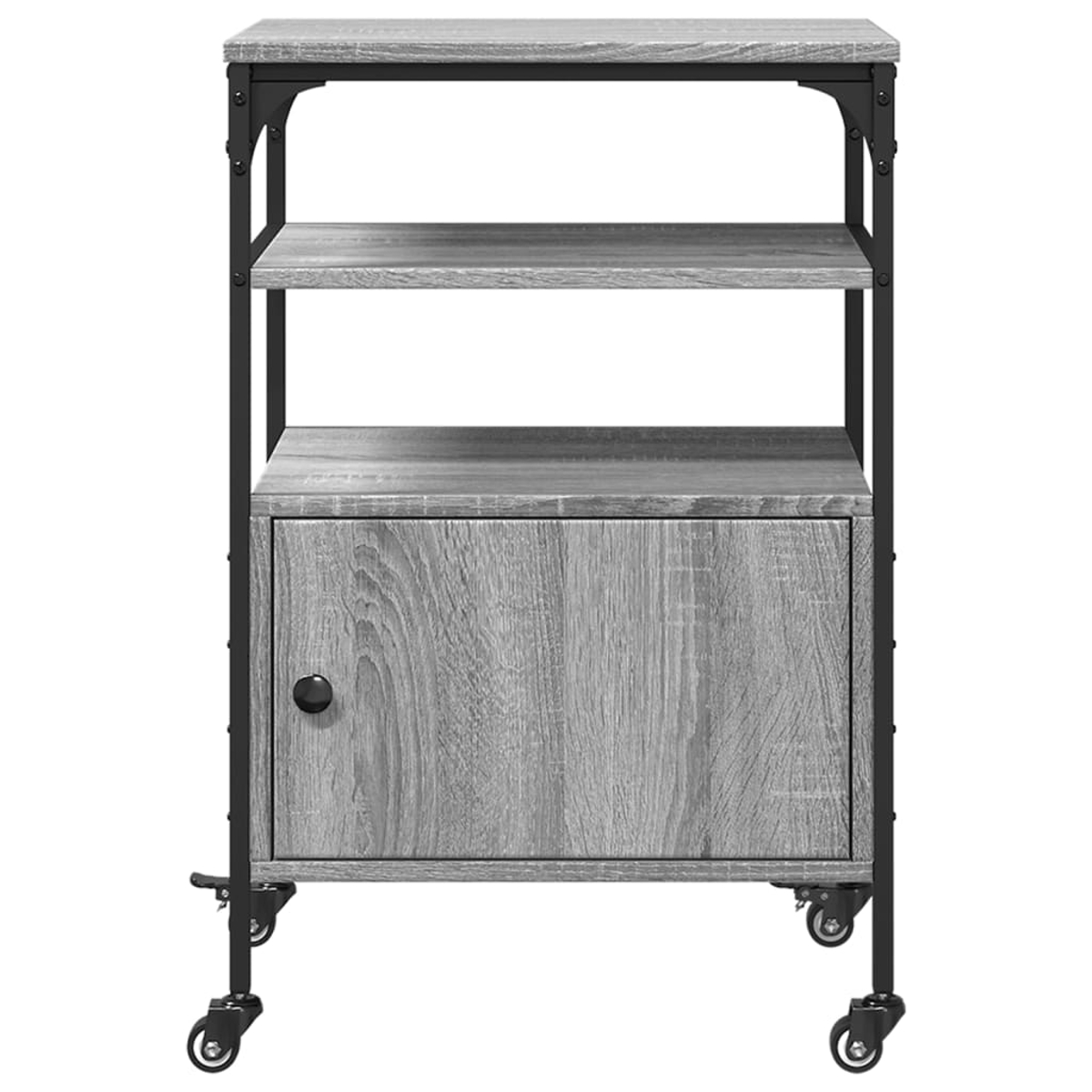 Ein grauer Holzschrank auf Rädern mit drei Regalen und einer Tür mit schwarzem Griff. Der Rahmen ist aus schwarzem Metall.