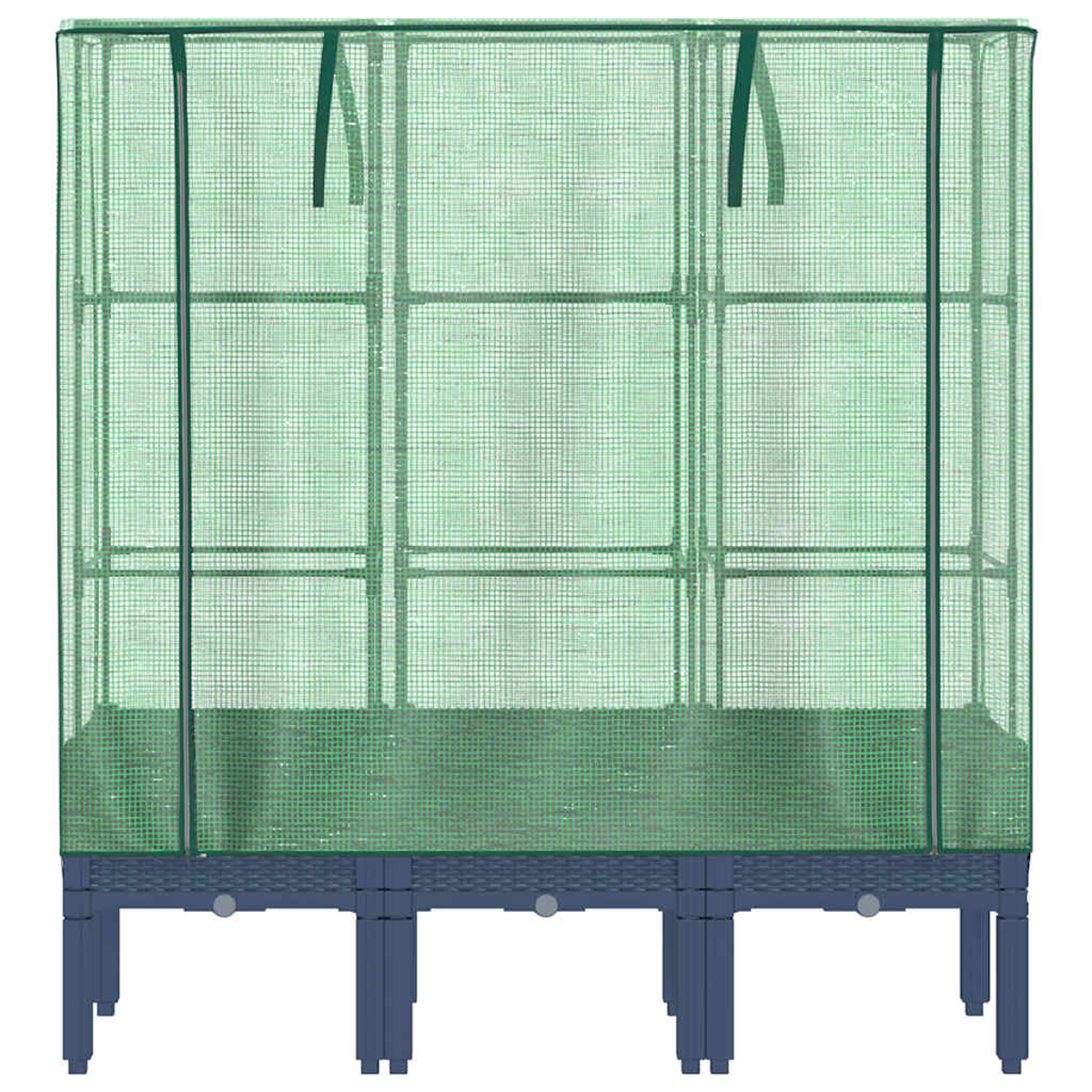 Una serra verde con una copertura a rete poggia su una base blu scuro. Ha tre sezioni e un design rettangolare semplice.