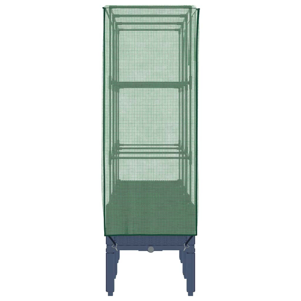 Una serra a rete verde su gambe blu. Ha ripiani all'interno. Lo sfondo è bianco.