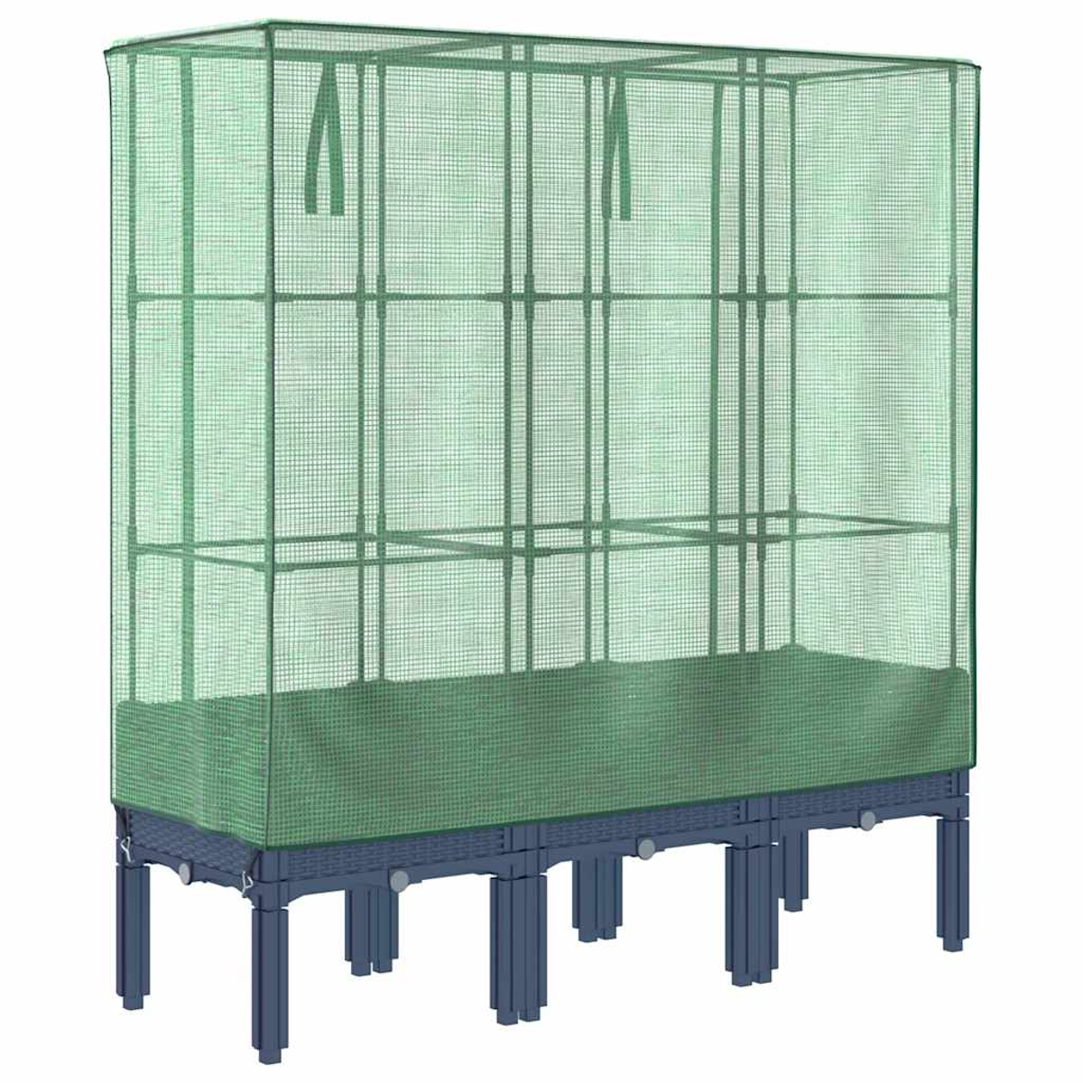 Una serra verde con copertura a rete, posta su un telaio blu scuro con gambe. La struttura interna è visibile attraverso la rete.