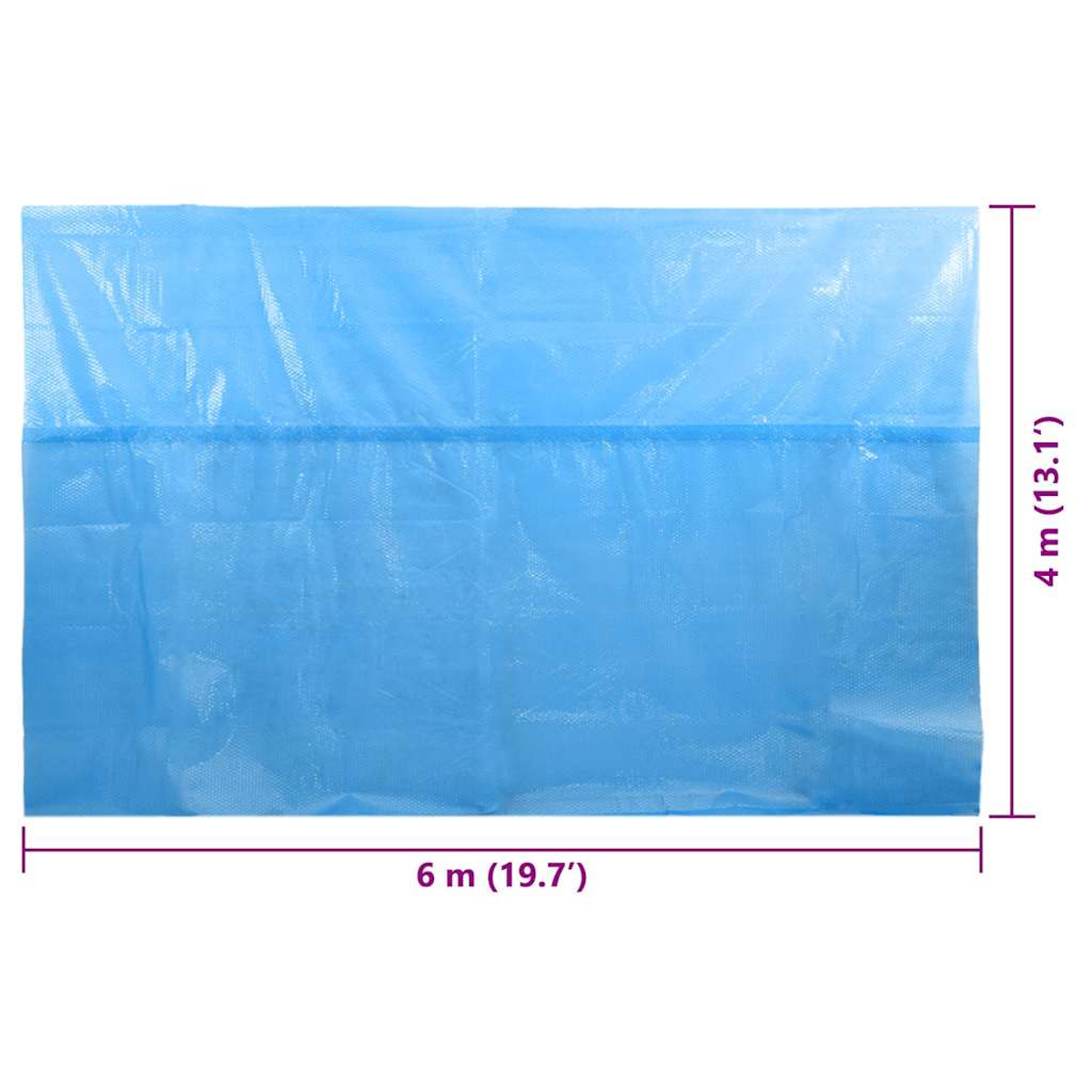 Eine blaue Plane mit den angegebenen Abmessungen: 6 m (19,7') breit und 4 m (13,1') hoch. Die Plane ist leicht transparent.