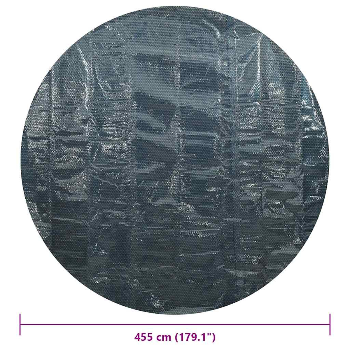Eine große, dunkelgraue, kreisförmige Poolabdeckung. Sie ist gemustert und hat eine Messung von 455 cm (179,1") darunter.