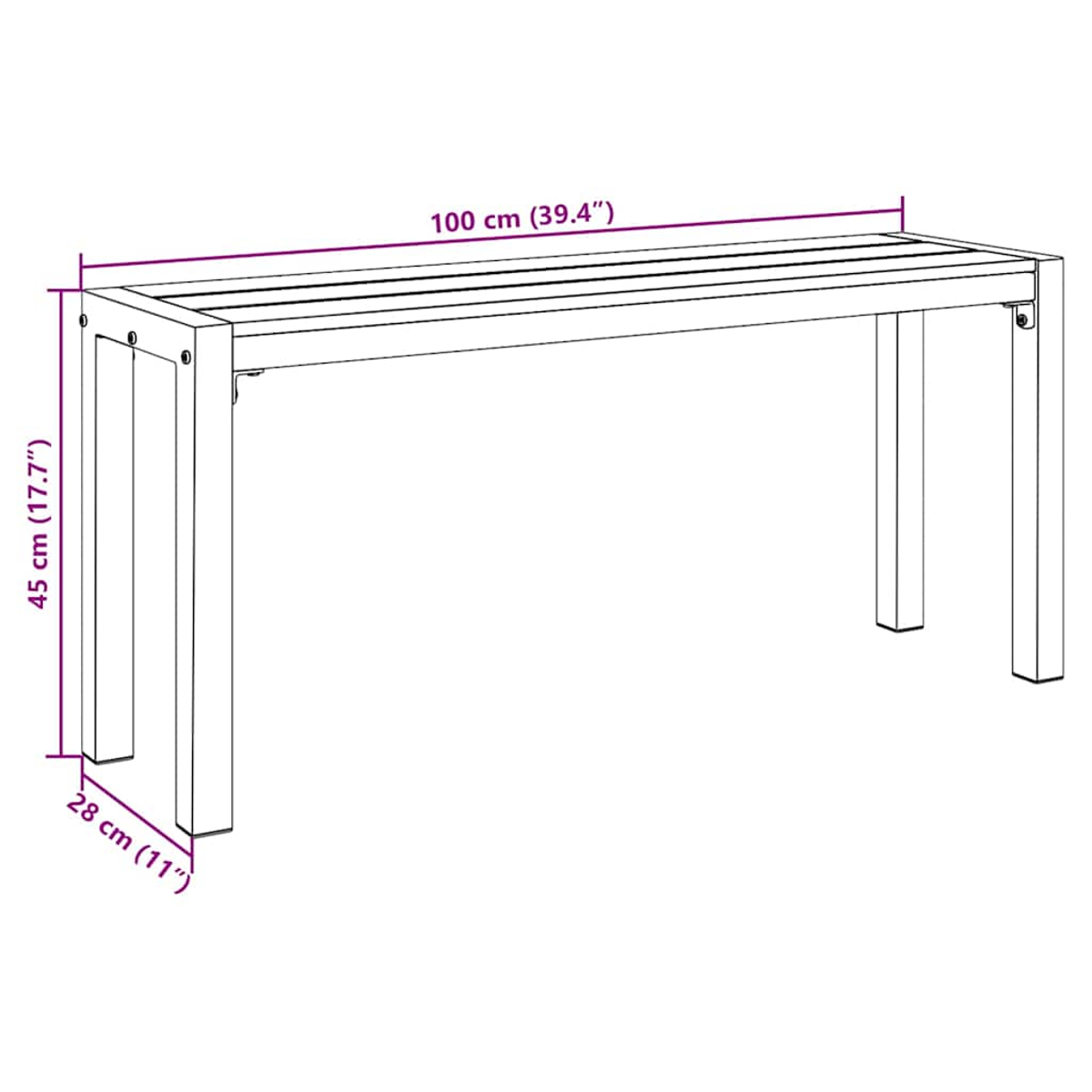 Eine Strichzeichnung einer Holzbank mit beschrifteten Abmessungen. Die Bank ist 100 cm lang, 45 cm hoch und 28 cm tief.