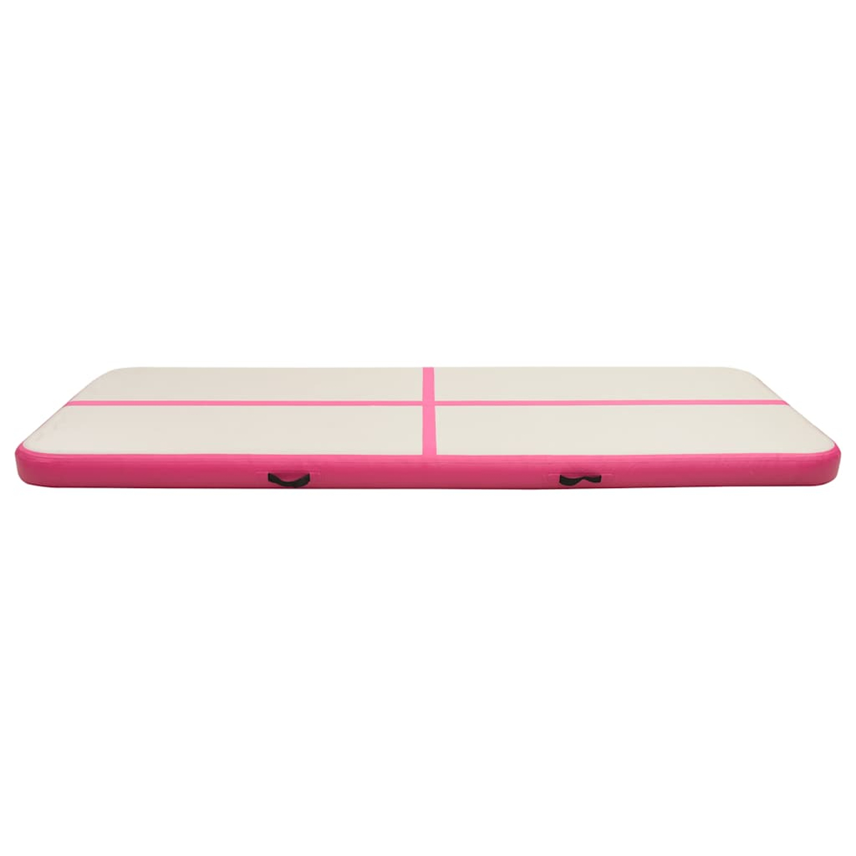 Eine aufblasbare rechteckige Gymnastikmatte in Pink und Weiß. Sie hat pinke Ränder und Linien sowie schwarze Griffe an den Seiten.