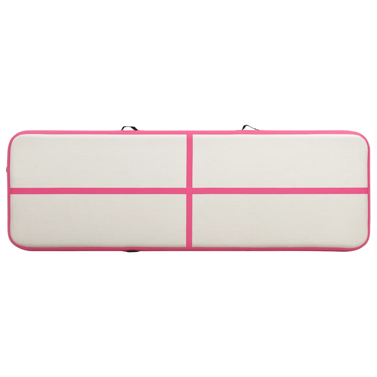 Eine rechteckige, aufblasbare Gymnastikmatte. Sie ist hauptsächlich weiß mit pinken Rändern und Kreuzlinien. Zwei schwarze Griffe sind sichtbar.