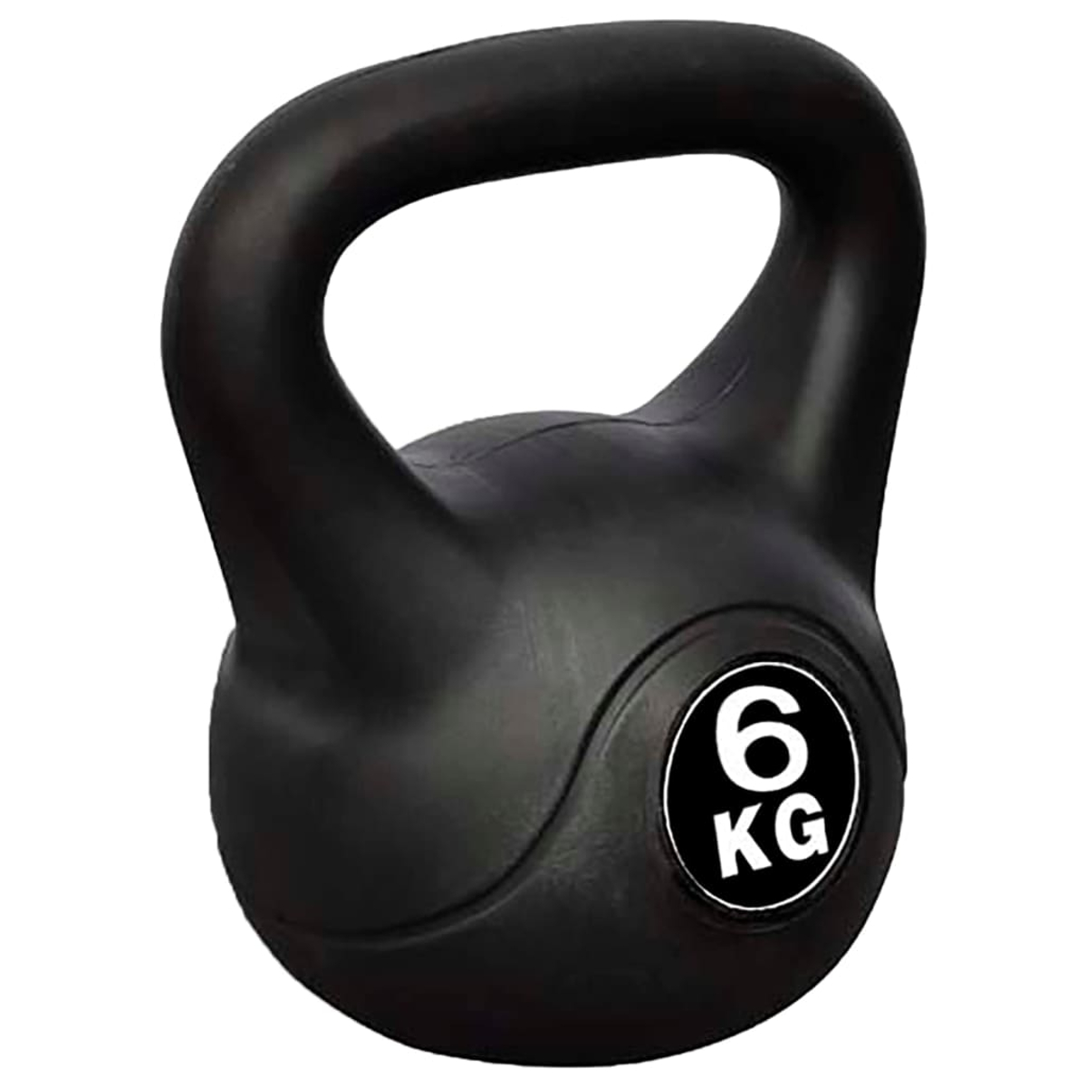 Eine schwarze Kettlebell, 6 kg, mit Griff. Sie befindet sich auf weißem Hintergrund.