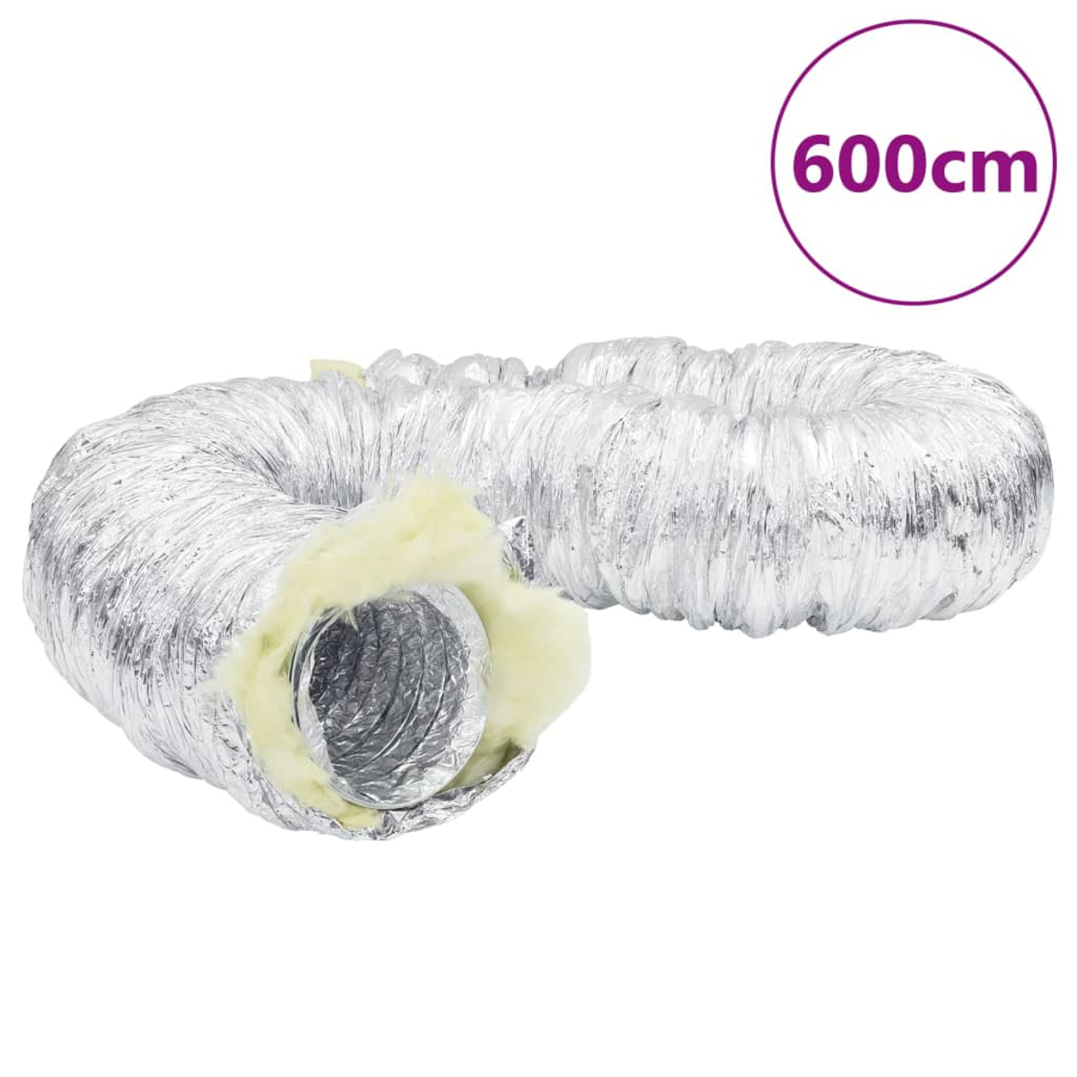 Ein flexibler silberner Kanal mit Isolierung um das Ende. Ein lila Kreis zeigt die Länge des Kanals von 600 cm an.