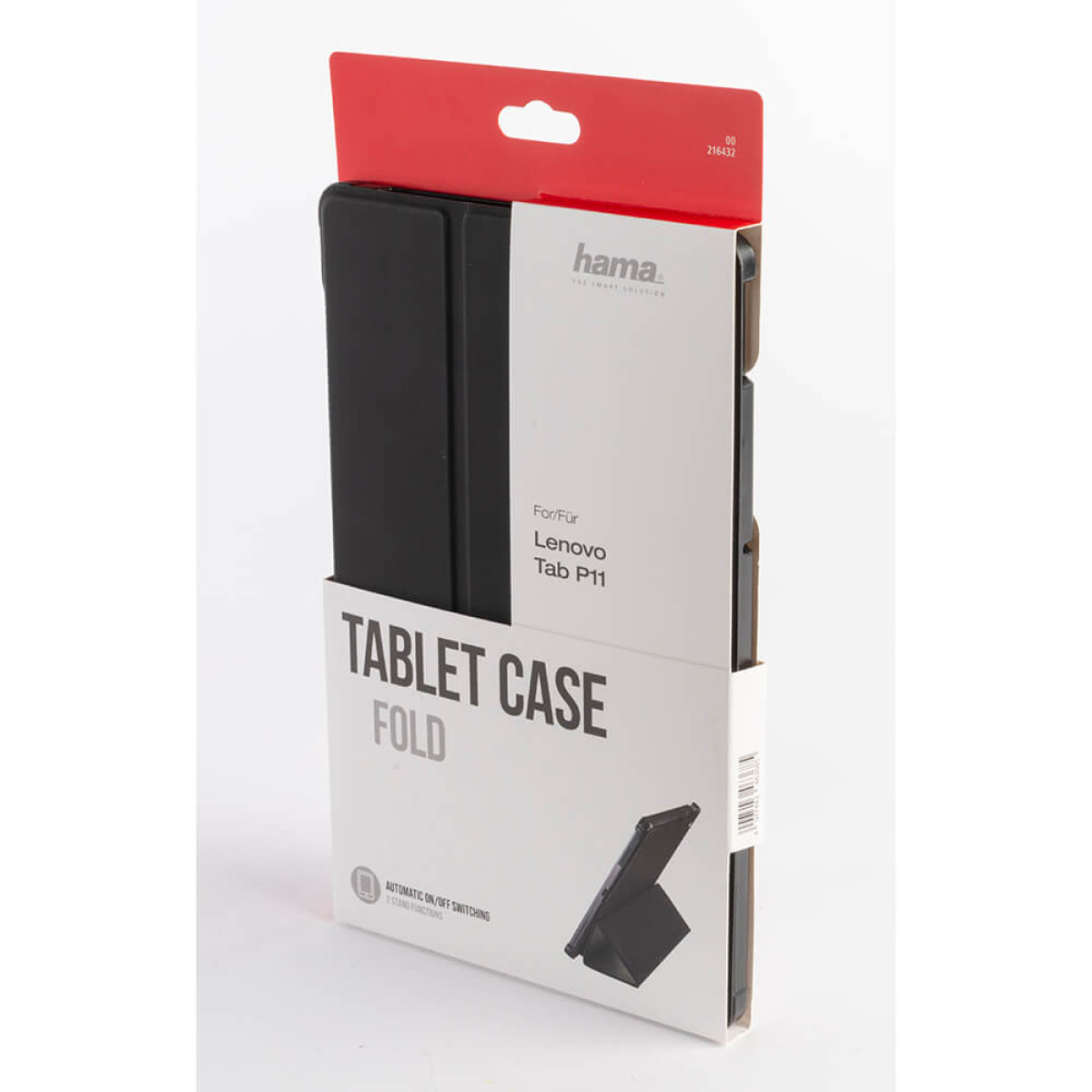 Eine Tablet-Hülle für Lenovo Tab P11 in ihrer Verpackung. Die Hülle ist schwarz und mit 'Tablet Case Fold' beschriftet. Die Box hat einen roten Deckel.
