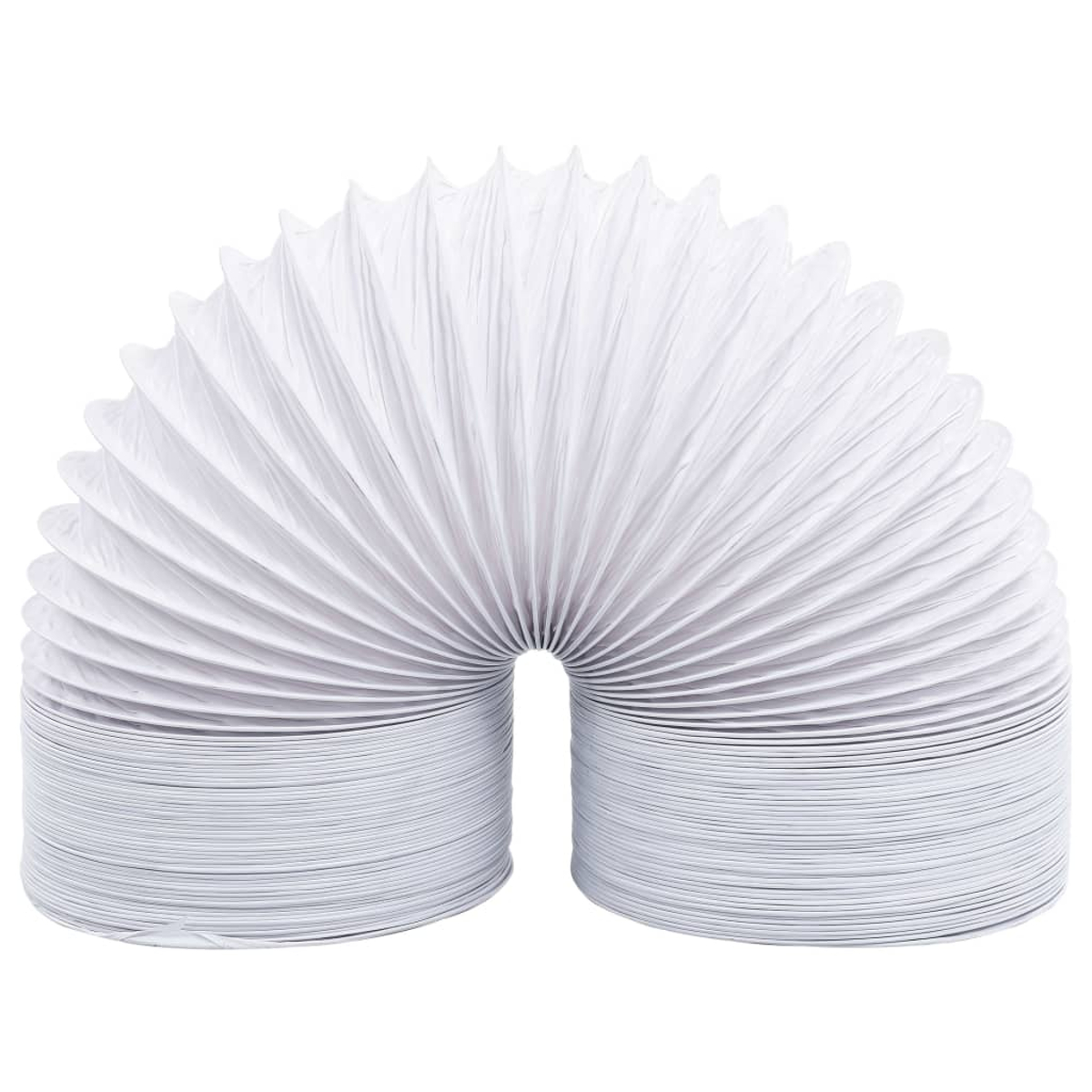 Ein weißes, flexibles Lüftungsrohr in Bogenform. Es besteht aus einem wellenförmigen Material und ist vor weißem Hintergrund isoliert.