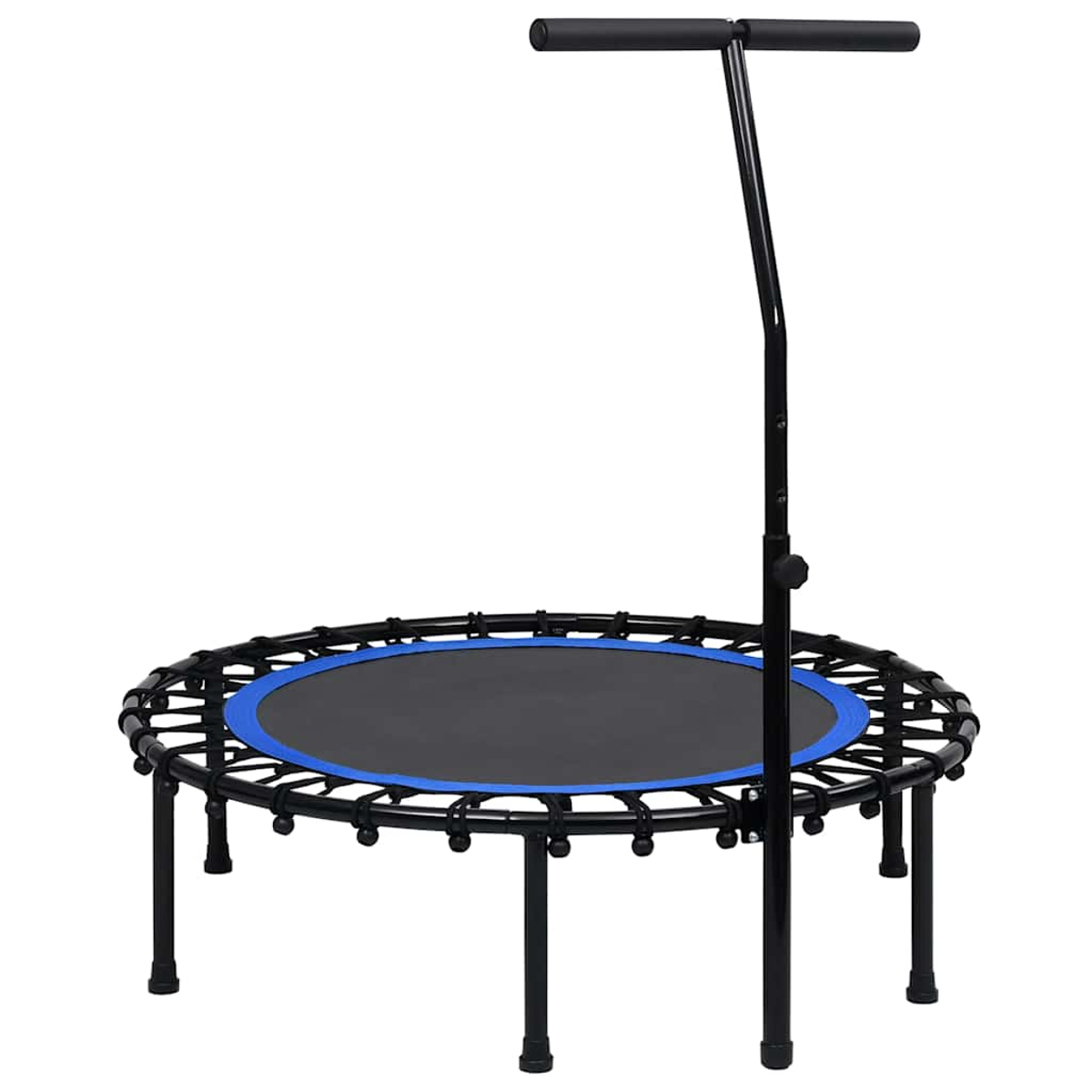 Ein kleines, rundes Trampolin mit schwarzer Sprungfläche und blauem Rand. Es hat einen schwarzen Griff und schwarze Beine.