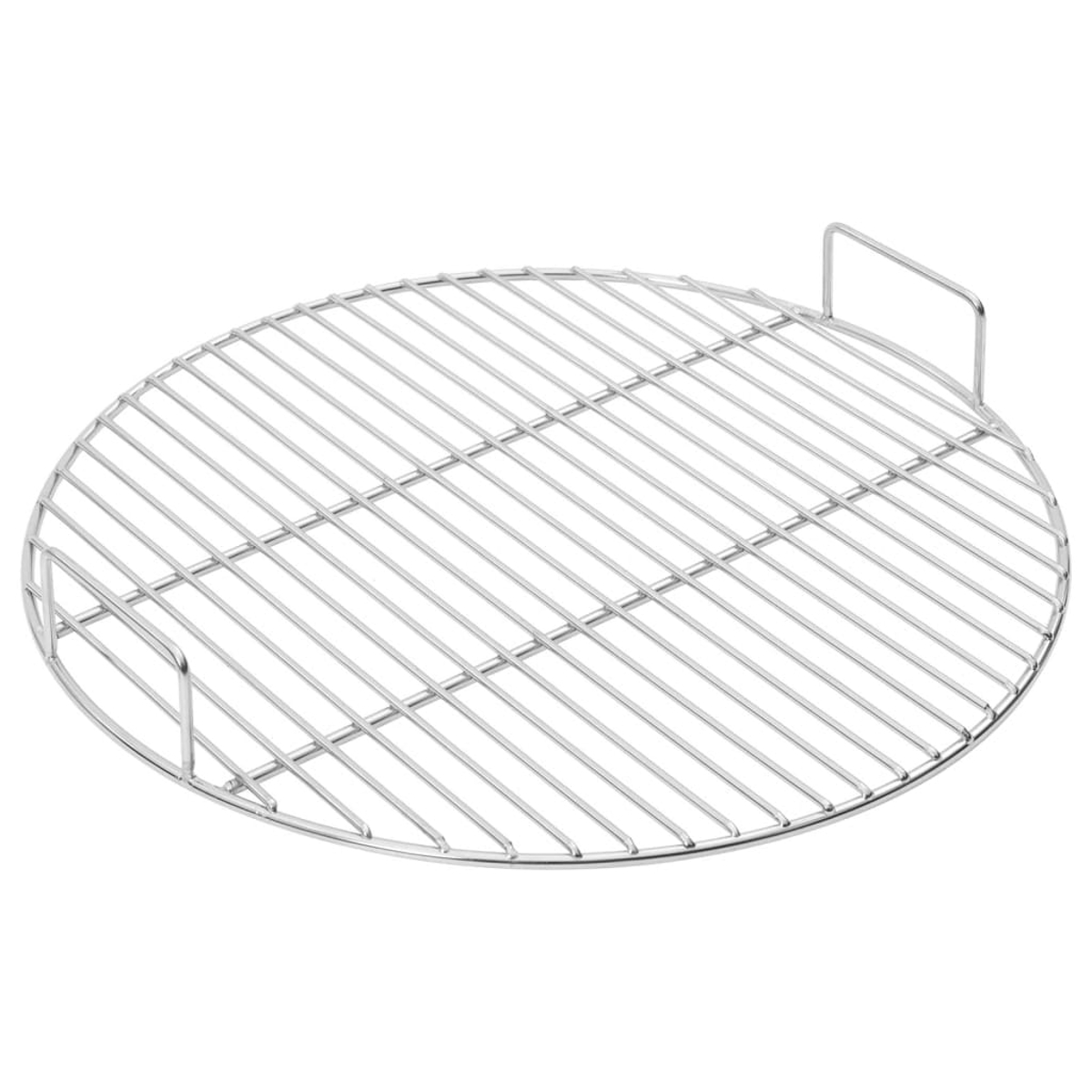 Runder Grillrost aus Edelstahl mit griffartigen Verlängerungen. Das Gittermuster besteht aus parallelen Linien, mit weißem Hintergrund.