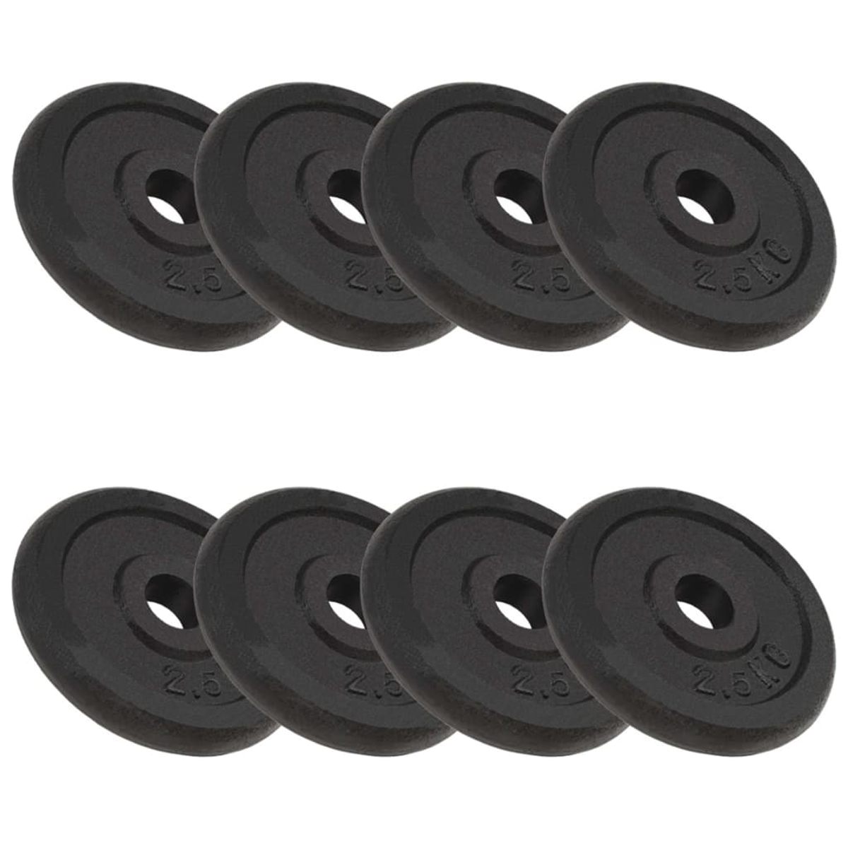 Acht schwarze Gewichtsplatten sind in zwei Reihen à vier angeordnet. Jede Platte hat ein zentrales Loch und die Zahl 2,5 oder 2,5 kg.