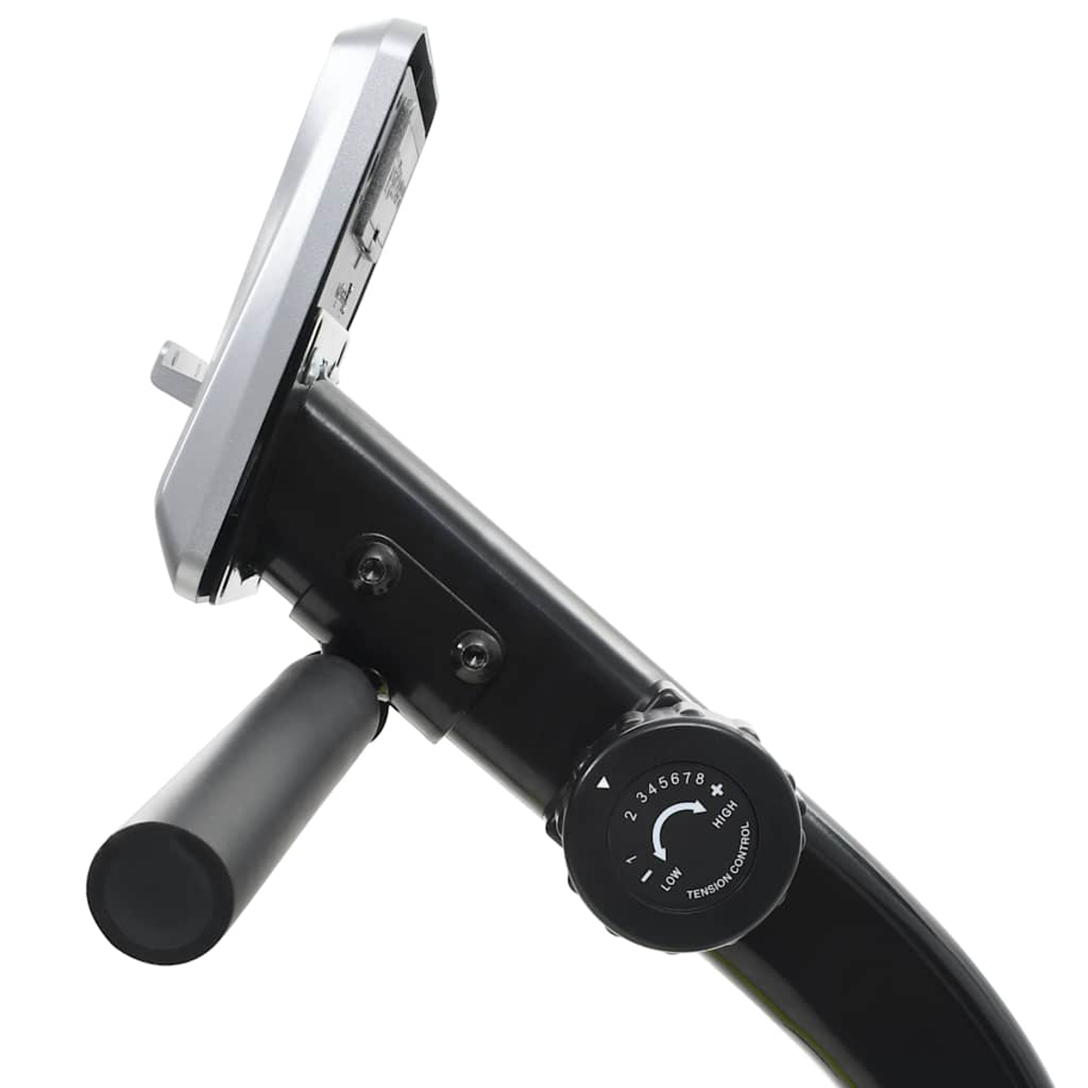 Zbliżenie elementów sterujących roweru treningowego. Zawiera ekran LCD, czarną ramę, pokrętło regulacji i uchwyt, wszystko na białym tle.