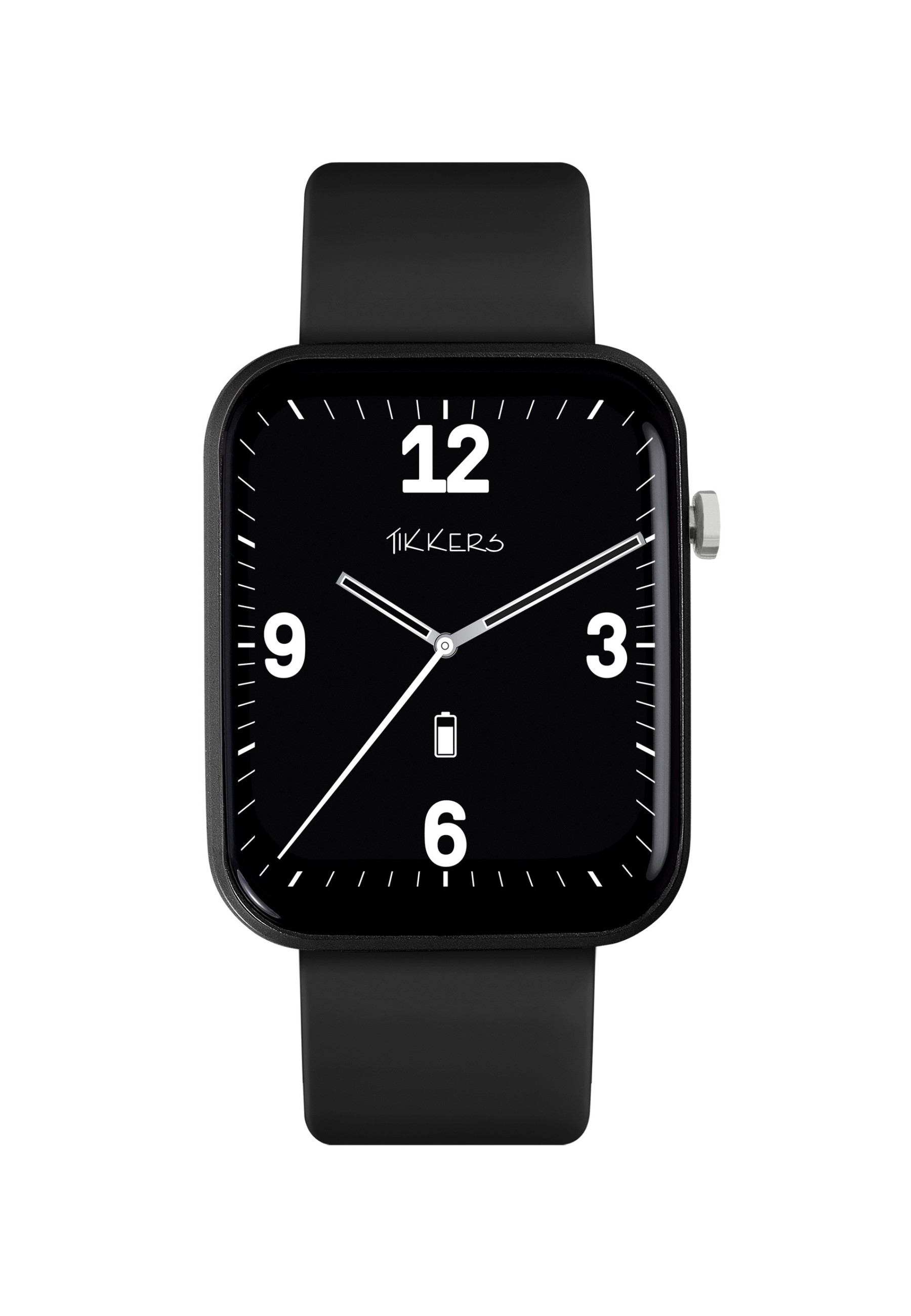 Schwarze Smartwatch mit schwarzem Armband. Sie hat ein schwarzes Zifferblatt mit weißen Zahlen und Zeigern. Die Marke ist Tikkers.