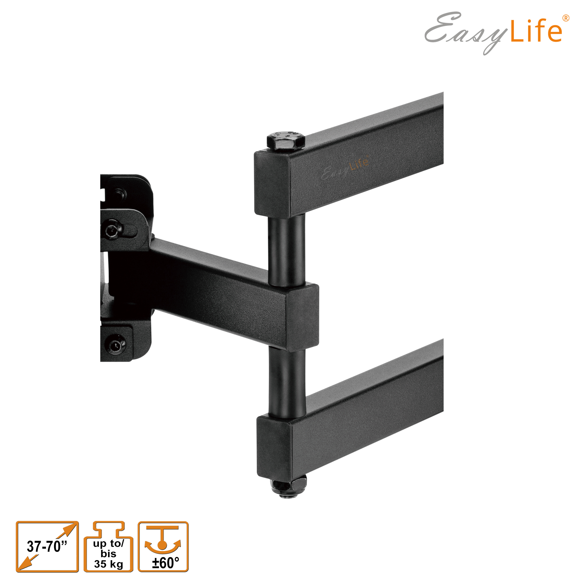 Schwarze TV-Wandhalterung mit EasyLife-Logo. Verfügt über verstellbare Arme und unterstützt 37-70 Zoll TVs bis 35 kg, ±60°.