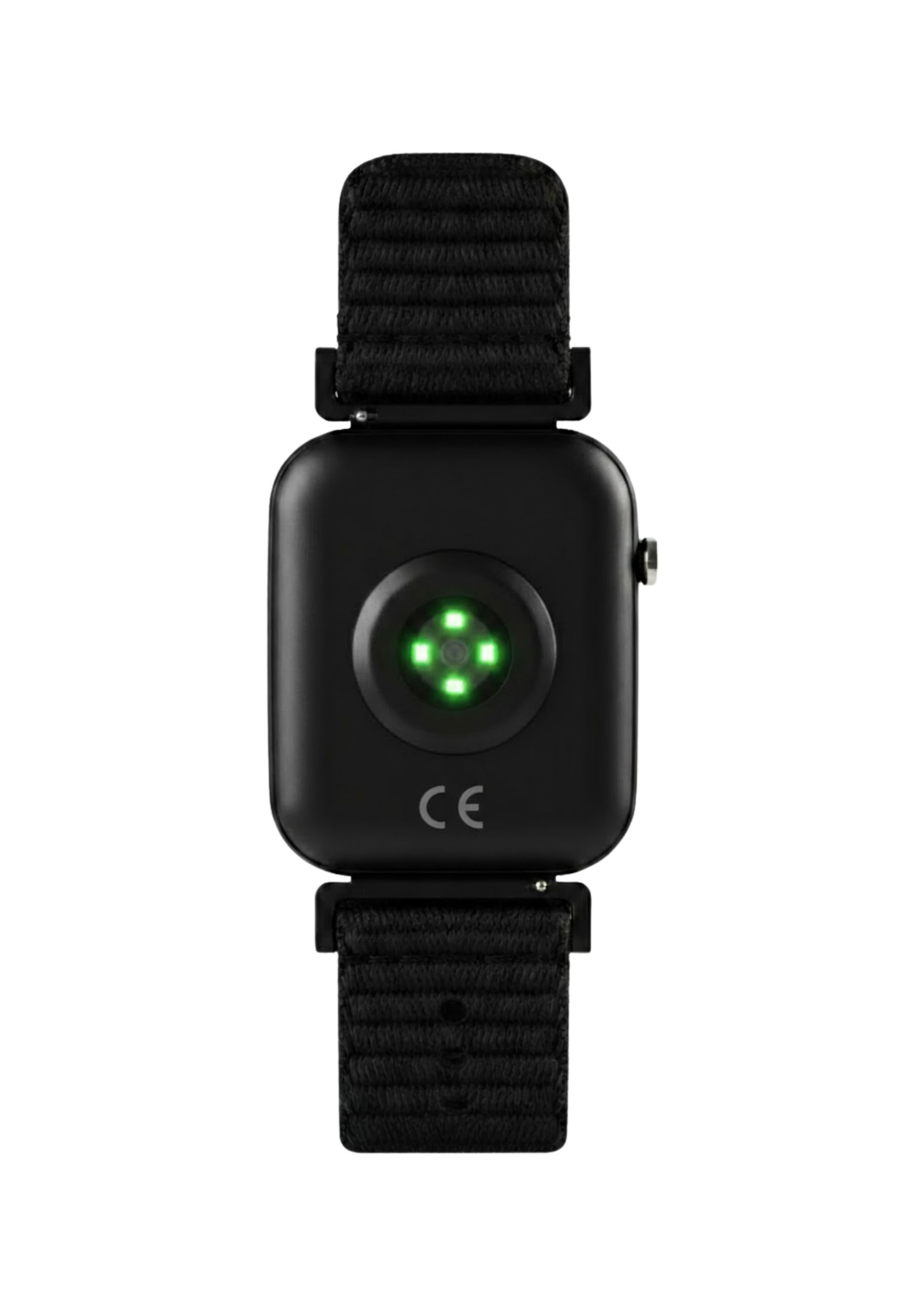Schwarzer Fitnesstracker mit schwarzem Armband. Die Rückseite zeigt einen grünen Lichtsensor und CE-Kennzeichnung.
