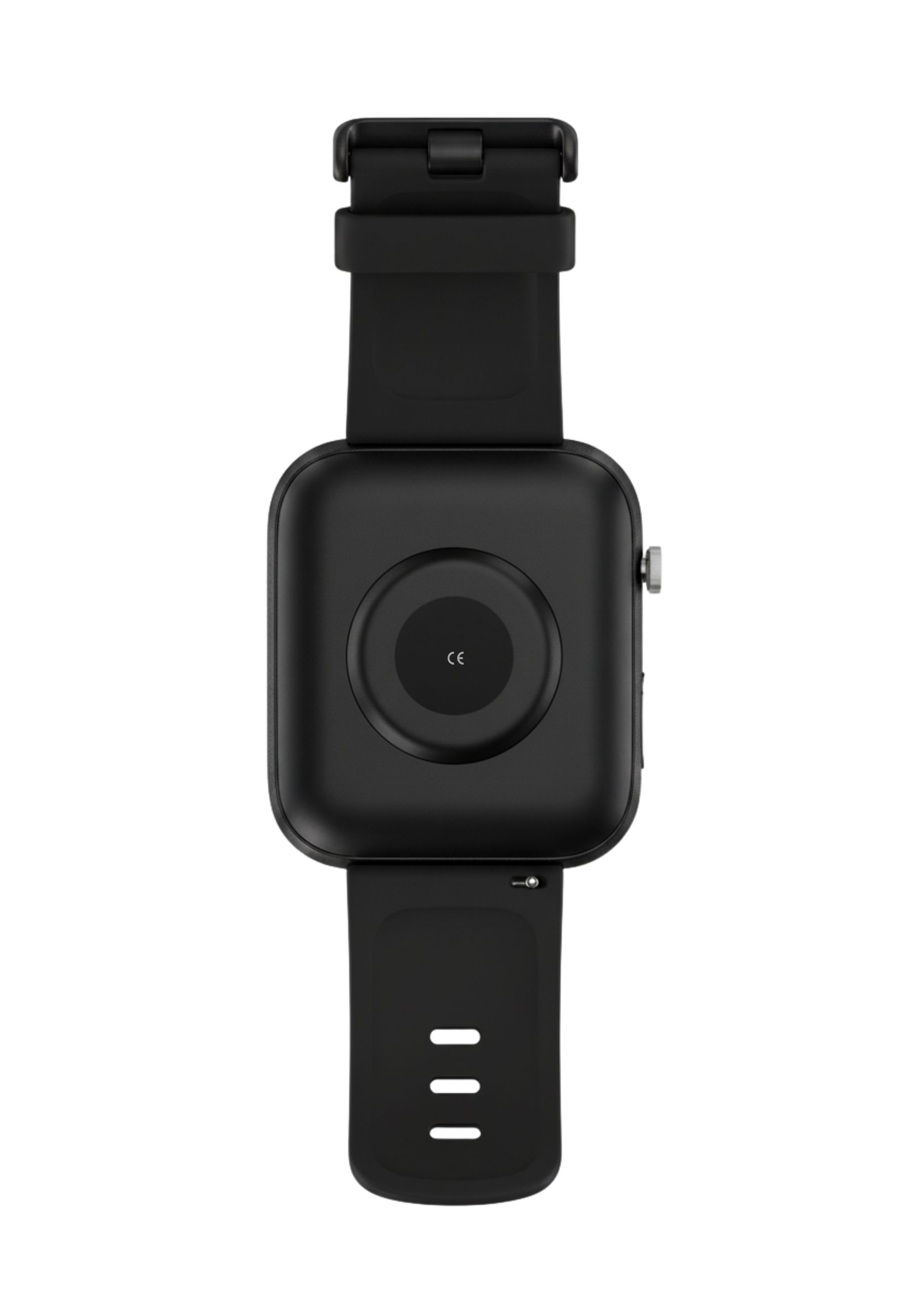 Schwarze Smartwatch, Rückansicht. Mit quadratischem Zifferblatt, Armband und Schnalle. Die Uhr hat Sensor.
