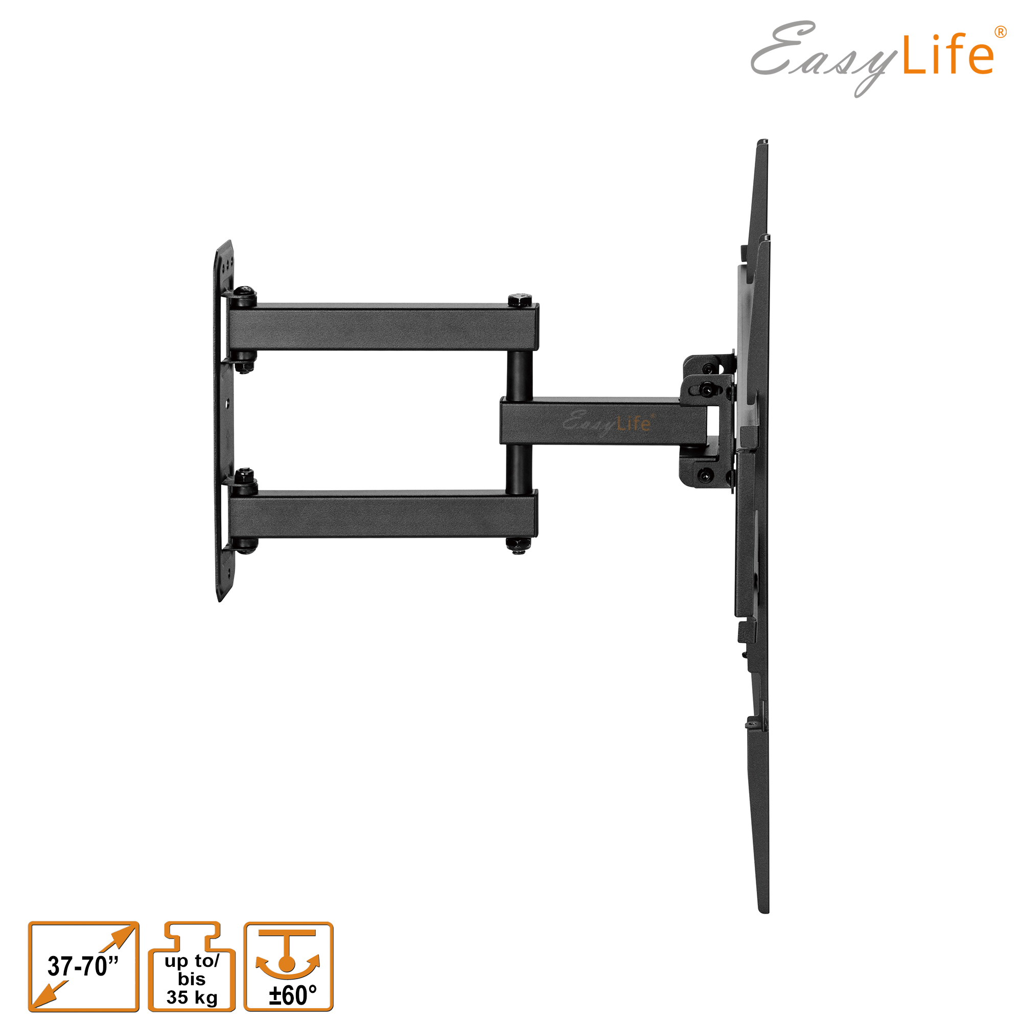 Eine schwarze TV-Wandhalterung mit Easy Life-Branding auf weißem Hintergrund. Sie unterstützt 37-70 Zoll TVs bis zu 35 kg und hat eine 60-Grad-Drehung.