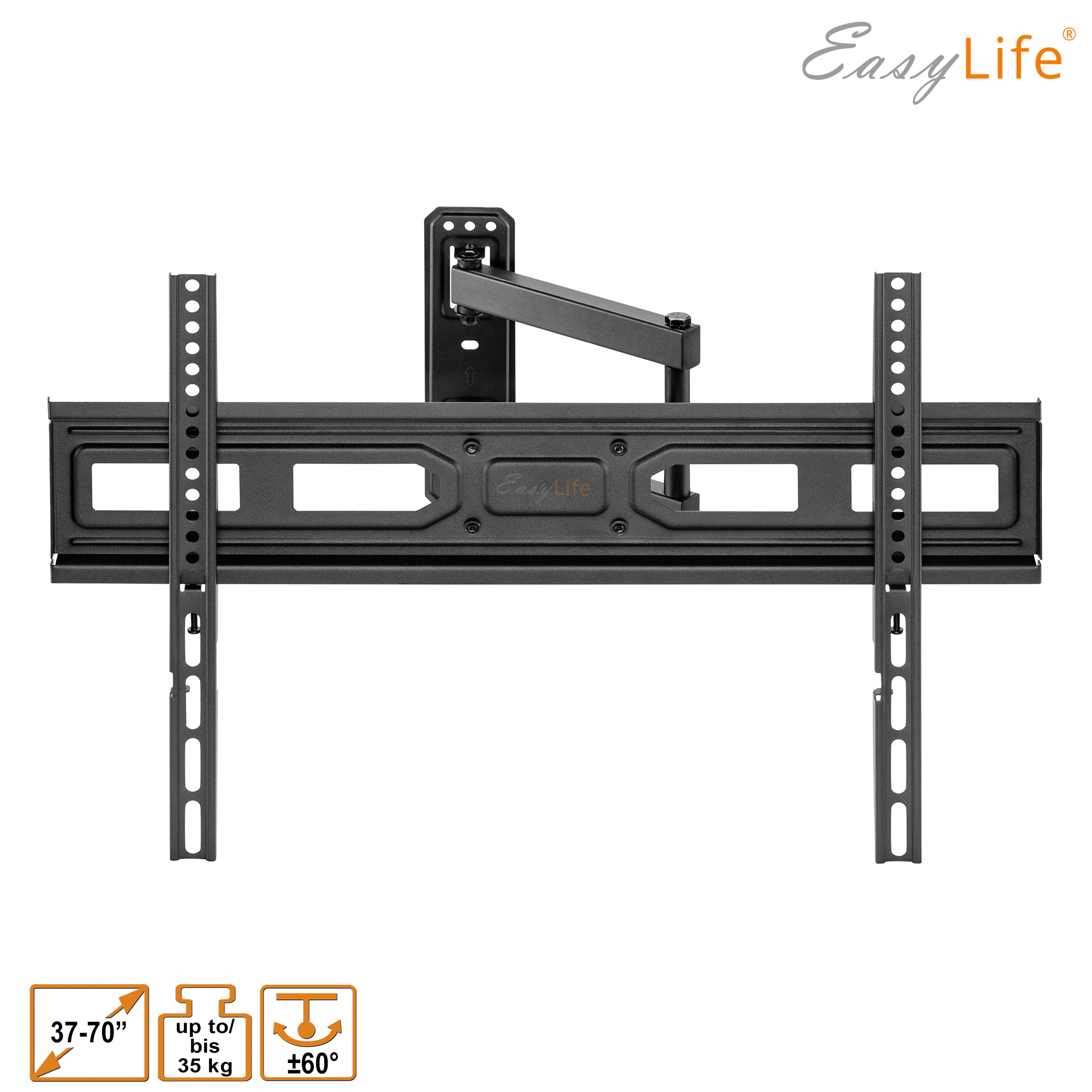 Eine schwarze TV-Wandhalterung. Sie hat verstellbare Arme und unterstützt einen 37-70 Zoll Fernseher, bis zu 35 kg, mit 60 Grad Neigung.