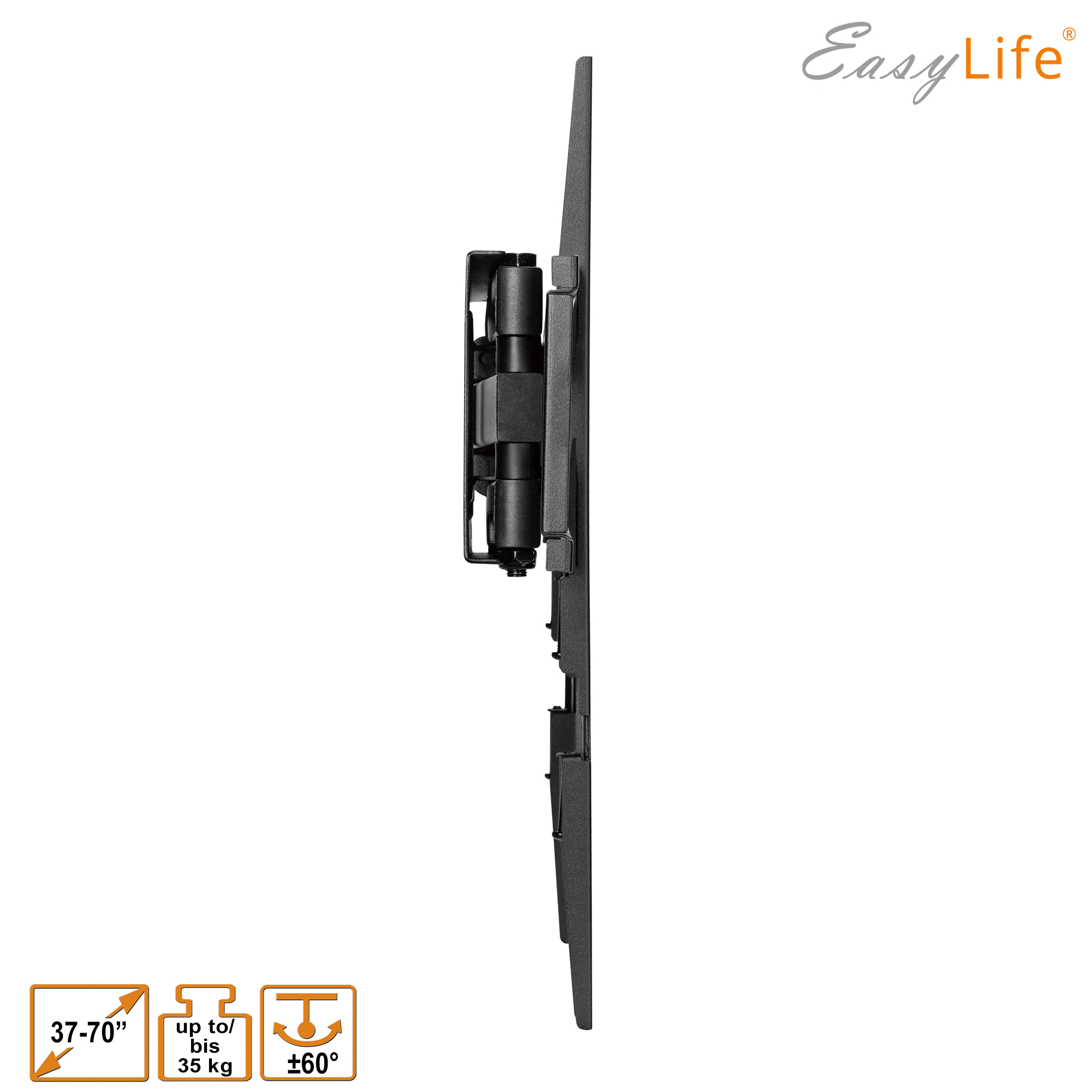 Schwarze TV-Wandhalterung mit Scharnier. Sie hat das EasyLife-Logo. Die Spezifikationen umfassen 37-70 Zoll, bis zu 35 kg und ±60°.