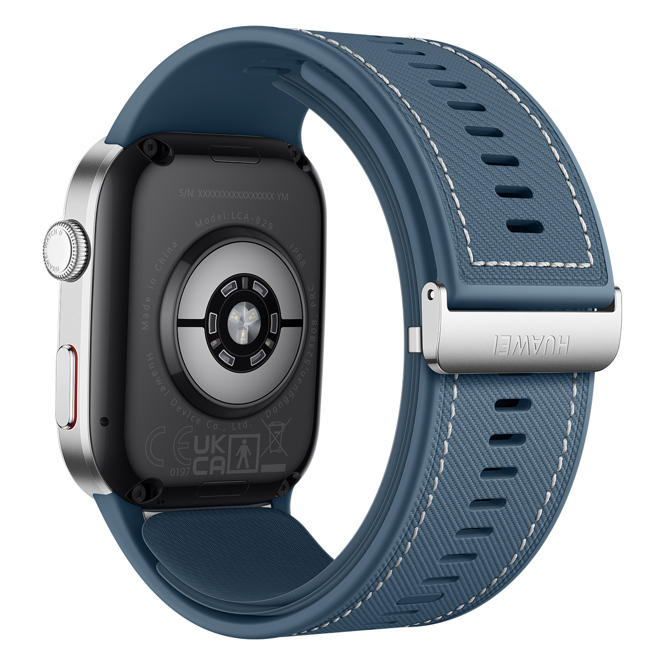 Smartwatch Huawei z niebieskim paskiem i srebrną kopertą. Zegarek pokazany jest od tyłu, z częściowo widocznym paskiem.