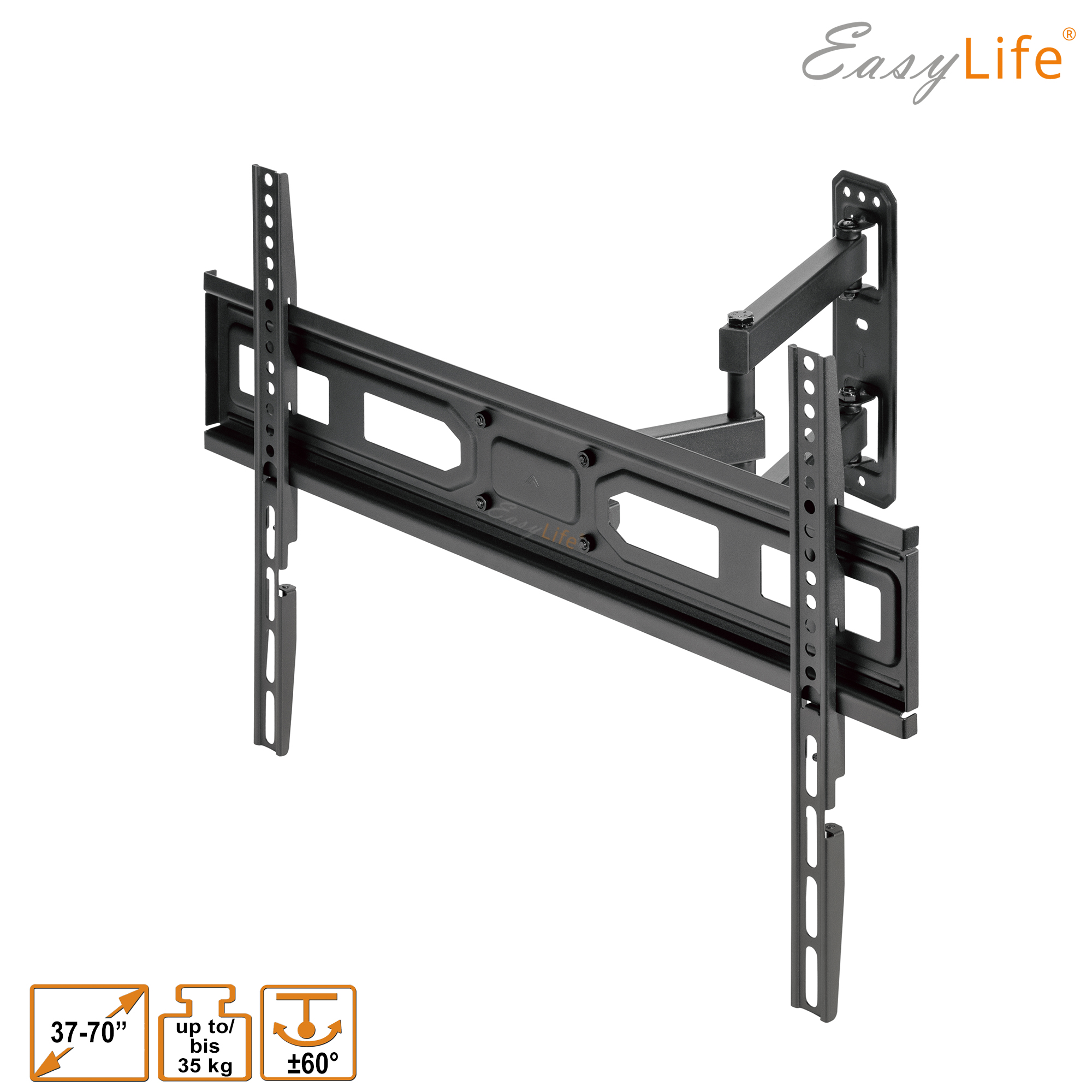 Eine schwarze TV-Halterung mit verstellbaren Armen. Sie hat Halterungen und ein Logo mit der Aufschrift Easy Life. Spezifikationen werden angezeigt.