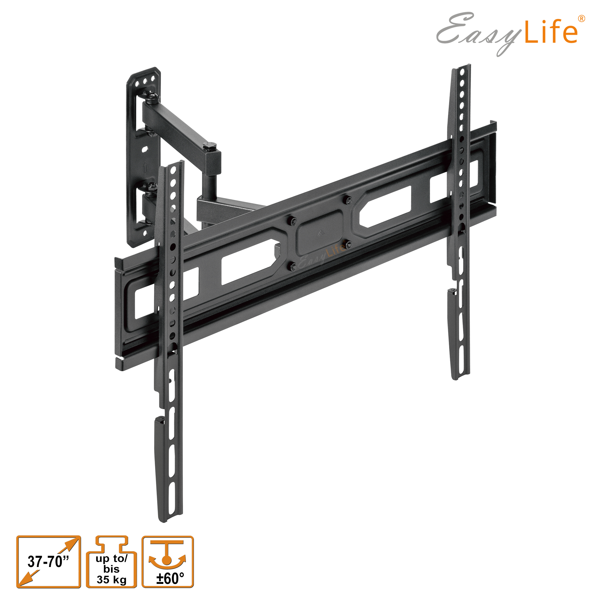 Schwarze TV-Wandhalterung mit verstellbaren Armen, für 37-70 Zoll TVs bis 35 kg, ±60° Drehung.