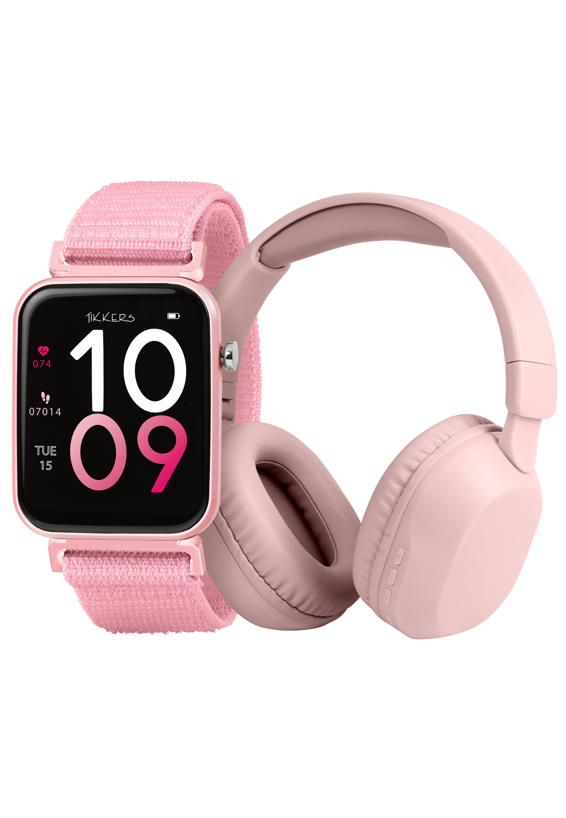 Rosa Smartwatch mit passenden Kopfhörern. Die Uhr zeigt Zeit und Statistiken an. Weißer Hintergrund.