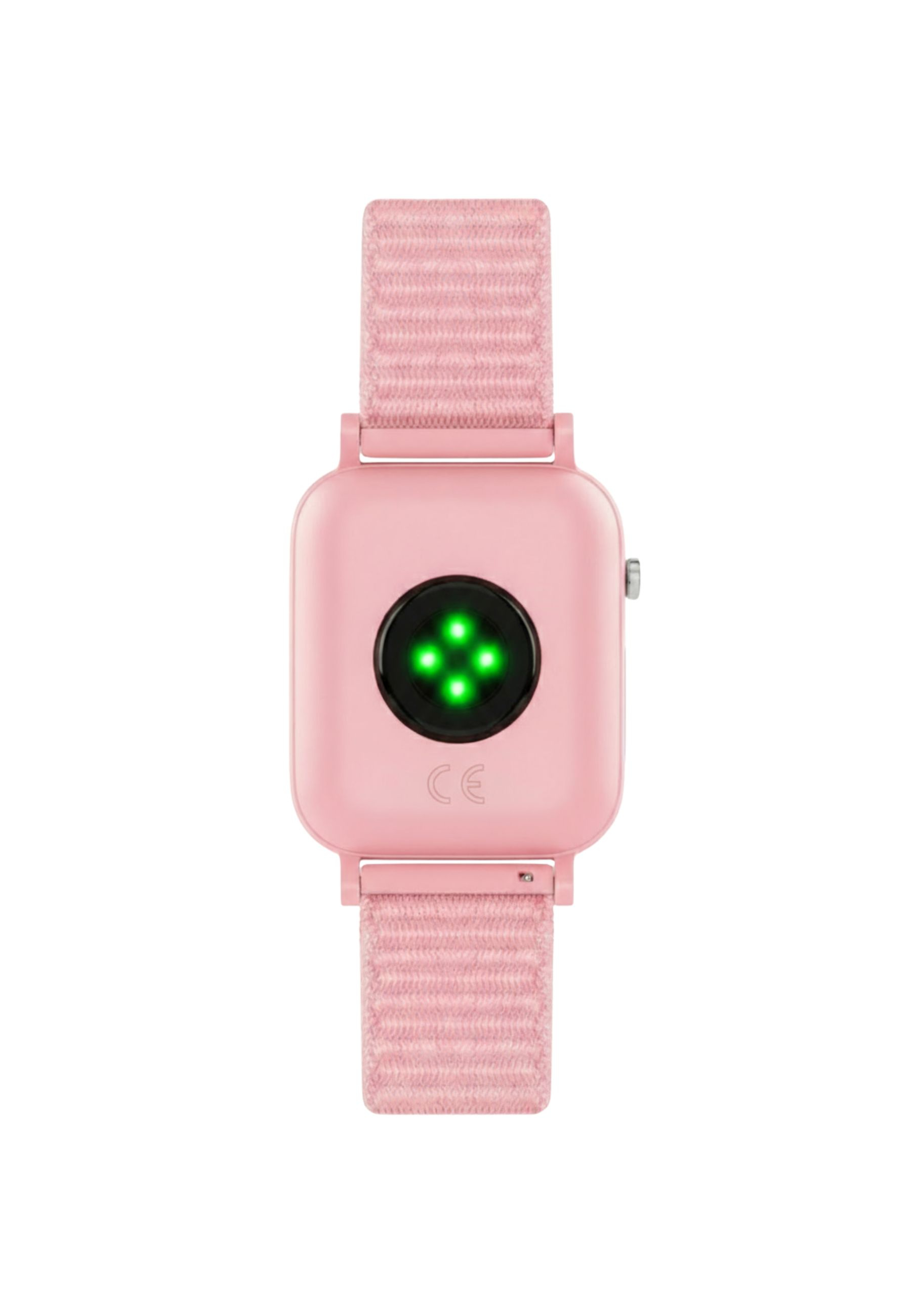 Eine rosa Smartwatch mit rosa Armband. Das Zifferblatt hat einen schwarzen Kreis mit grünen Lichtern. Der Hintergrund ist weiß.